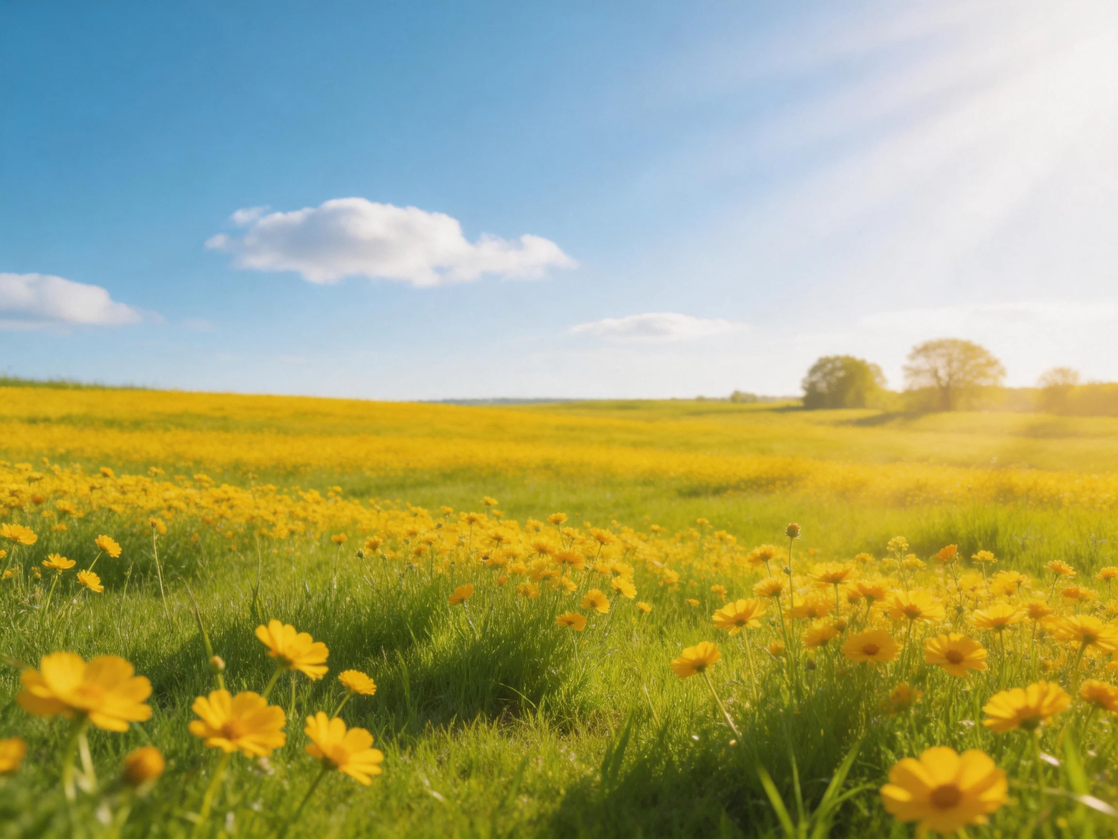 A vast field of bright yellow wildflowers under a clear blue sky