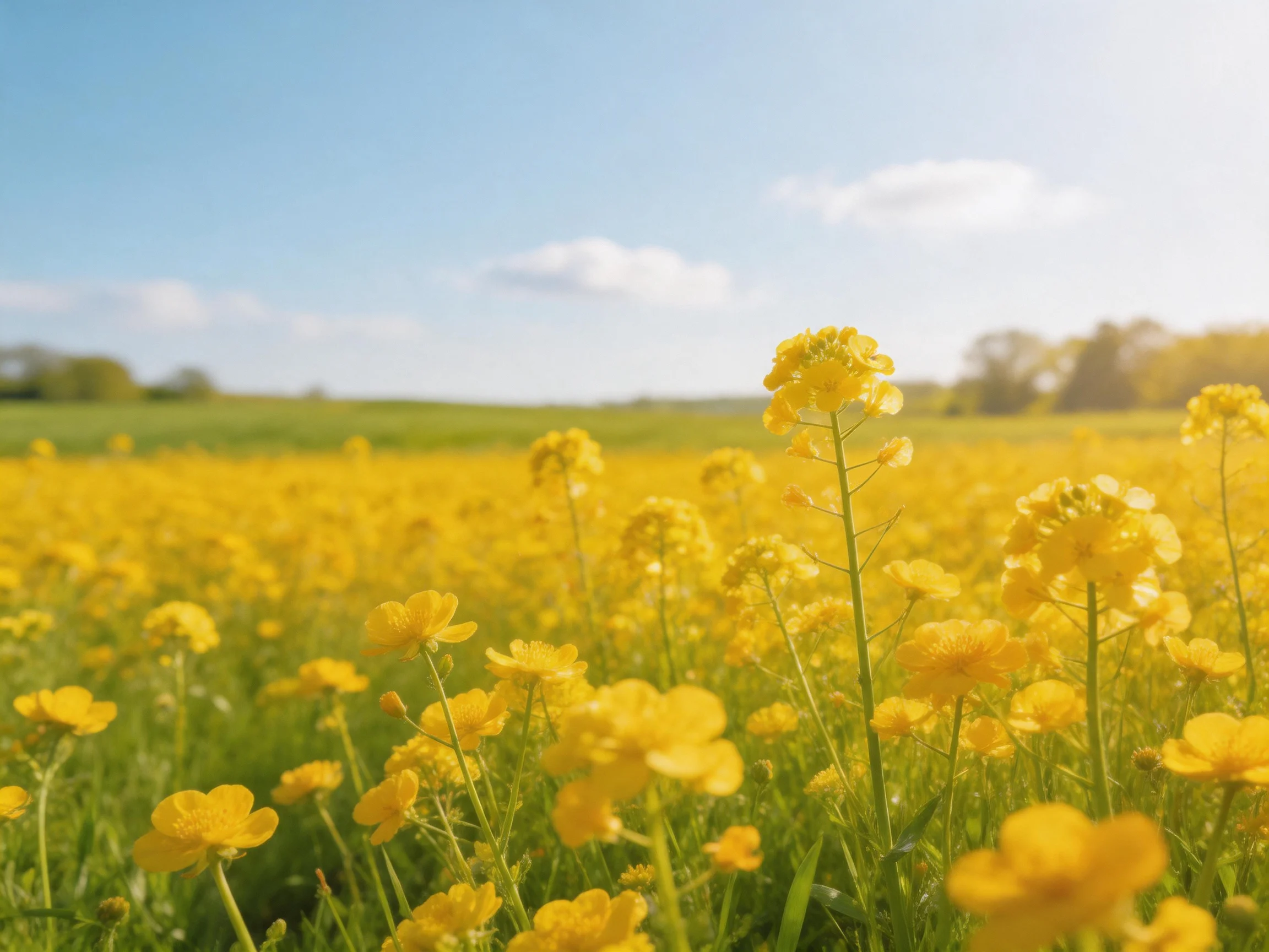 A vast field of bright yellow wildflowers under a clear blue sky