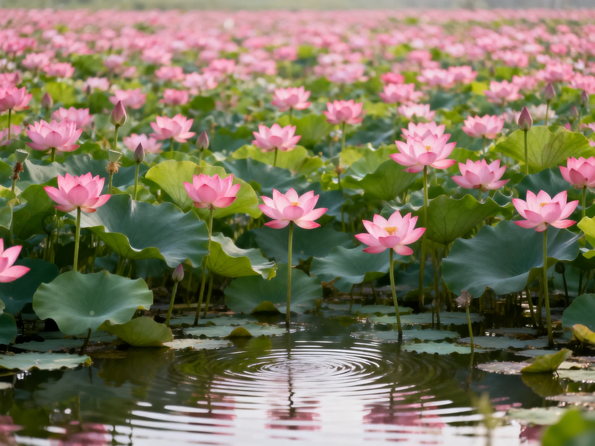 A vast field of pink lotuses with broad green leaves near calm water