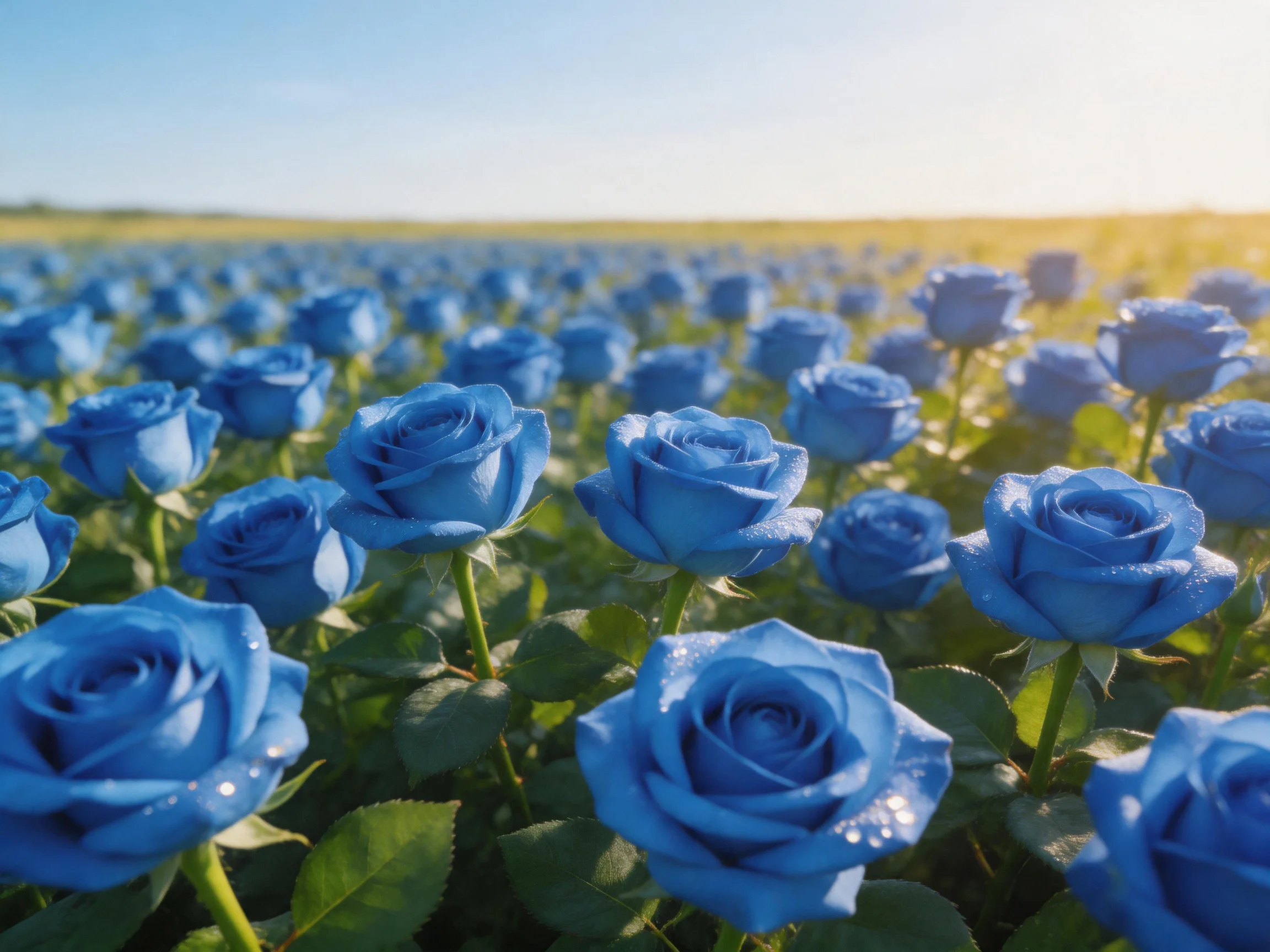 A vast field of vibrant blue roses under bright sunlight