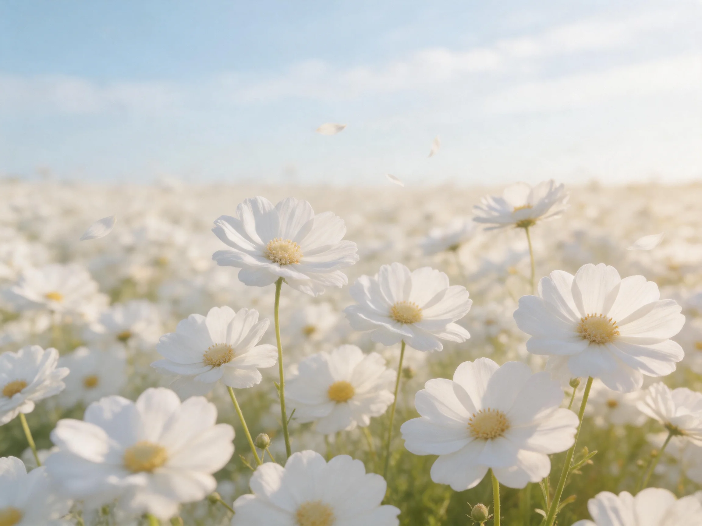 A vast field of white cosmos blooms under sunny skies