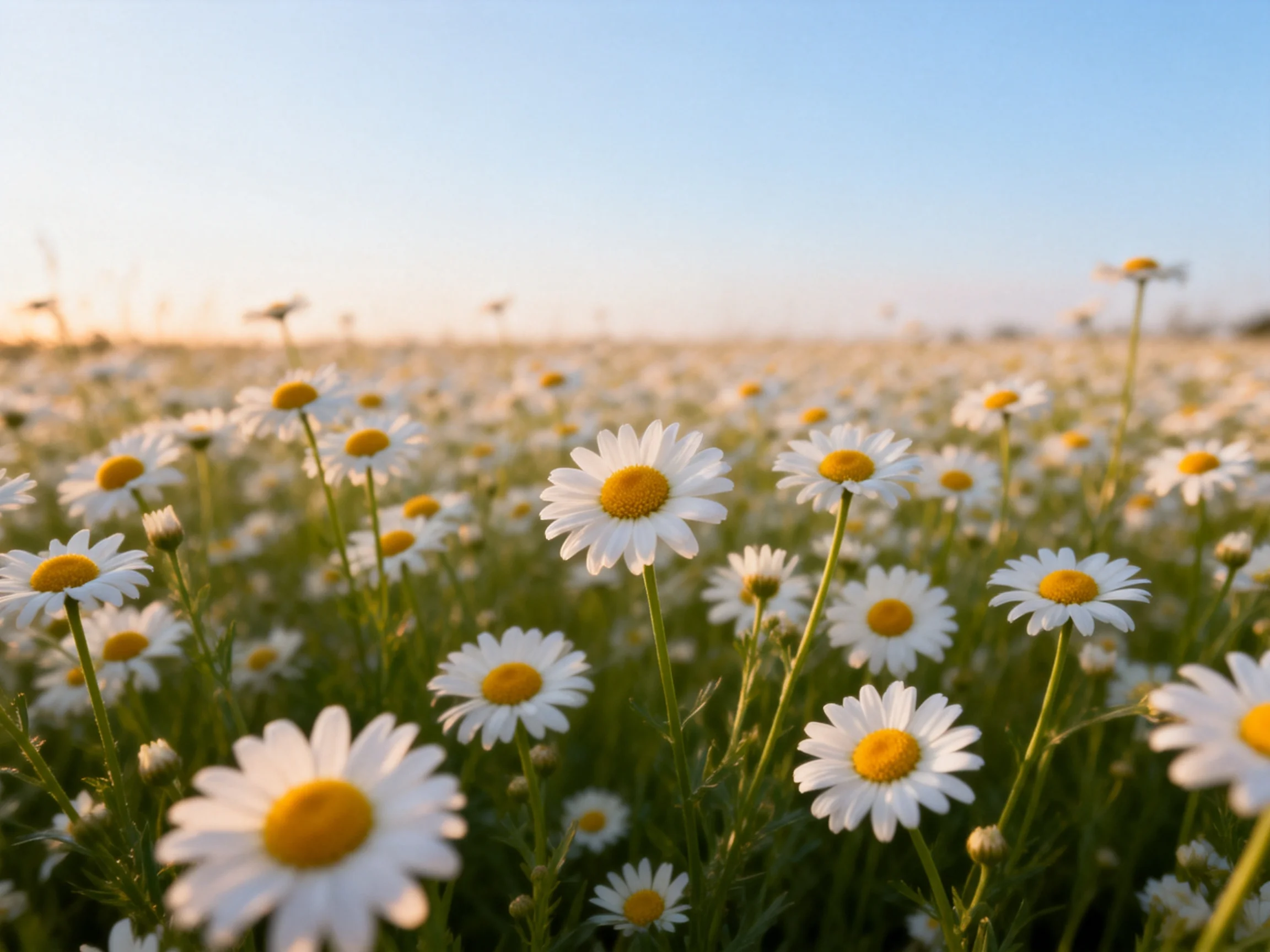 A vast field of white daisies with bright yellow centers under clear blue sky