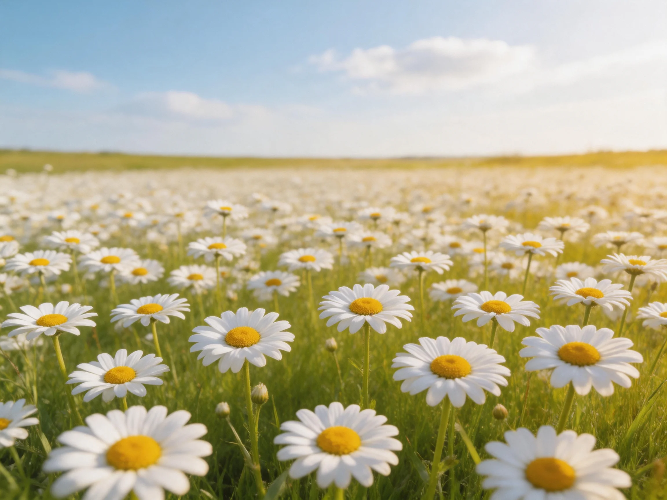 A vast field of white daisies with golden centers under a clear blue sky
