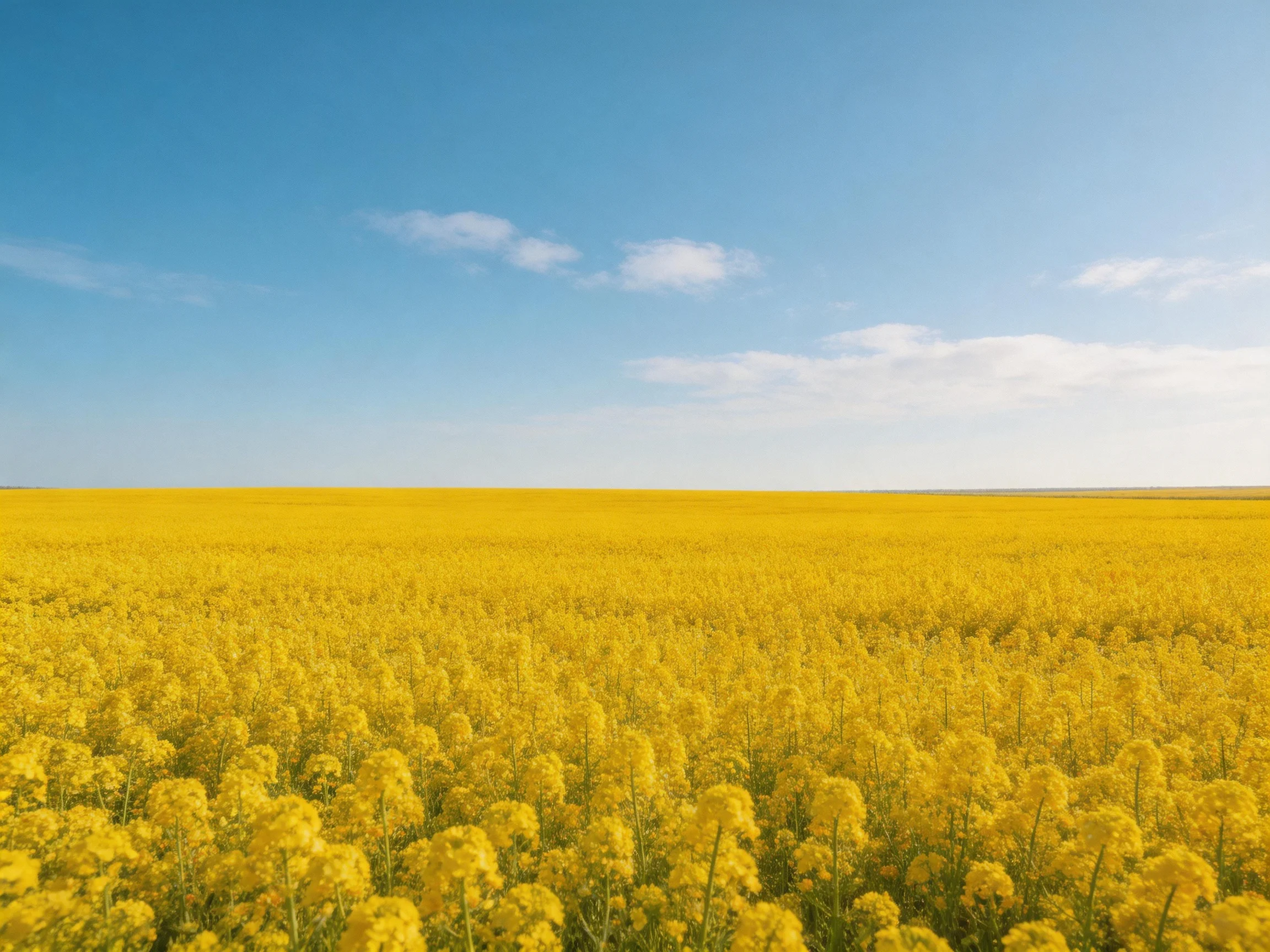 A vast golden flower field extending toward a clear blue sky