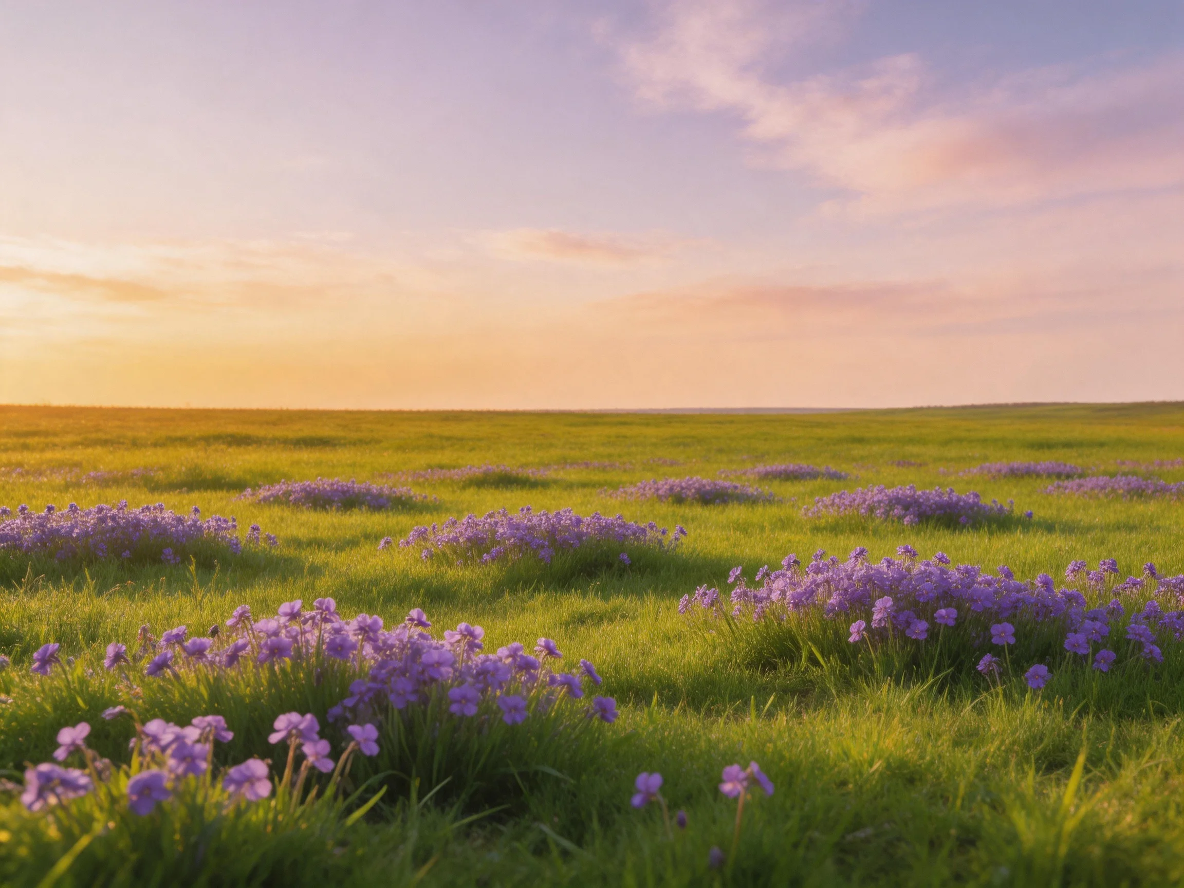 A vast green meadow dotted with vibrant purple wildflowers under a colorful sunset sky