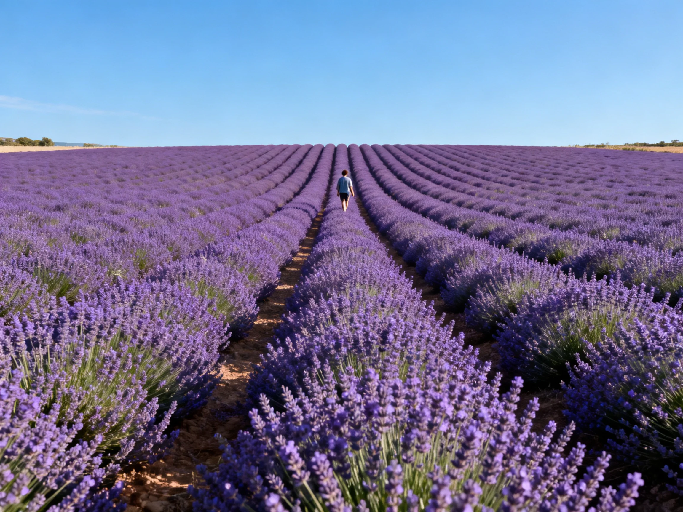 A vast lavender field with rows of vibrant purple flowers and a lone walker