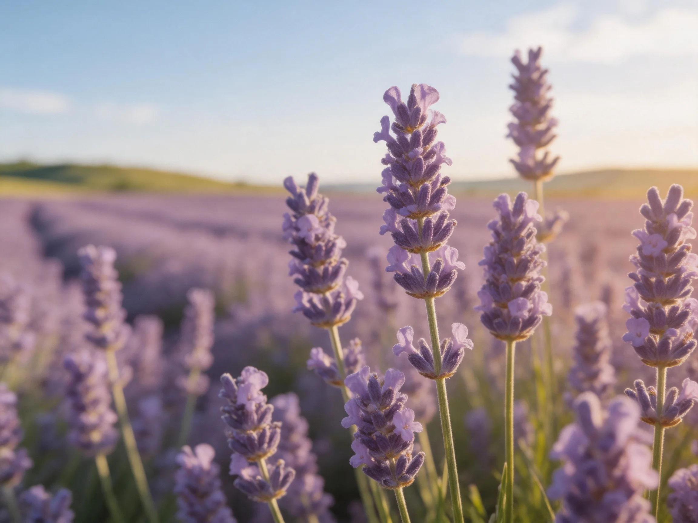 A vast lavender field with tall purple blooms under sunny skies