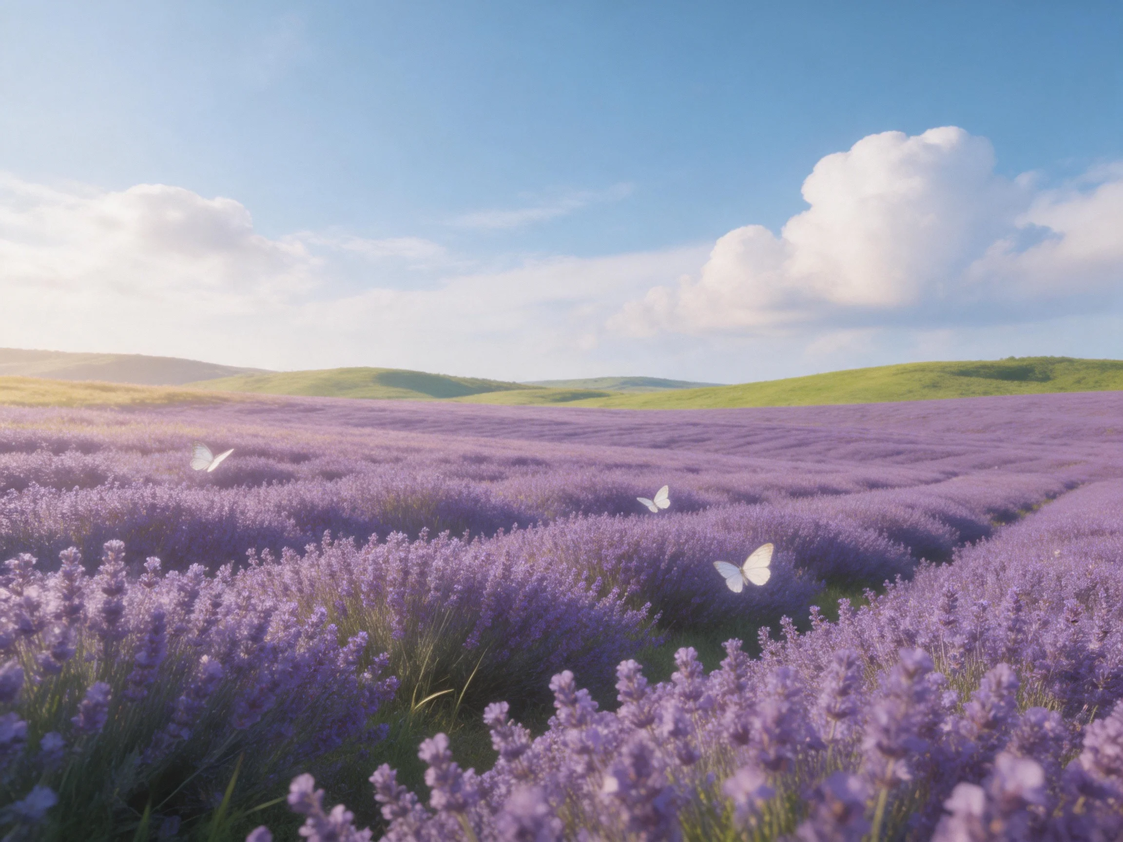 A vast lavender field with white butterflies under a bright blue sky