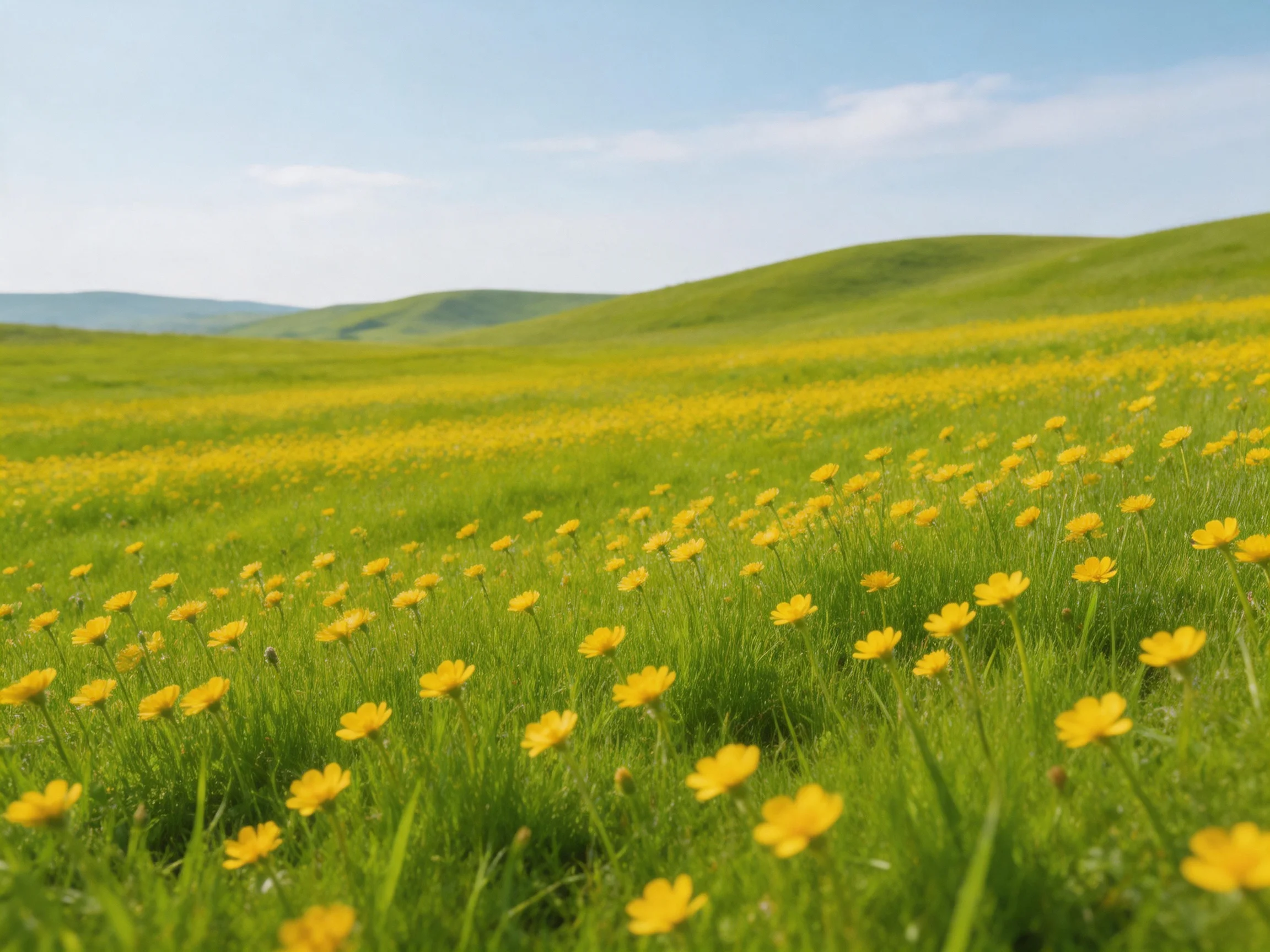 A vast meadow filled with yellow wildflowers and rolling green hills