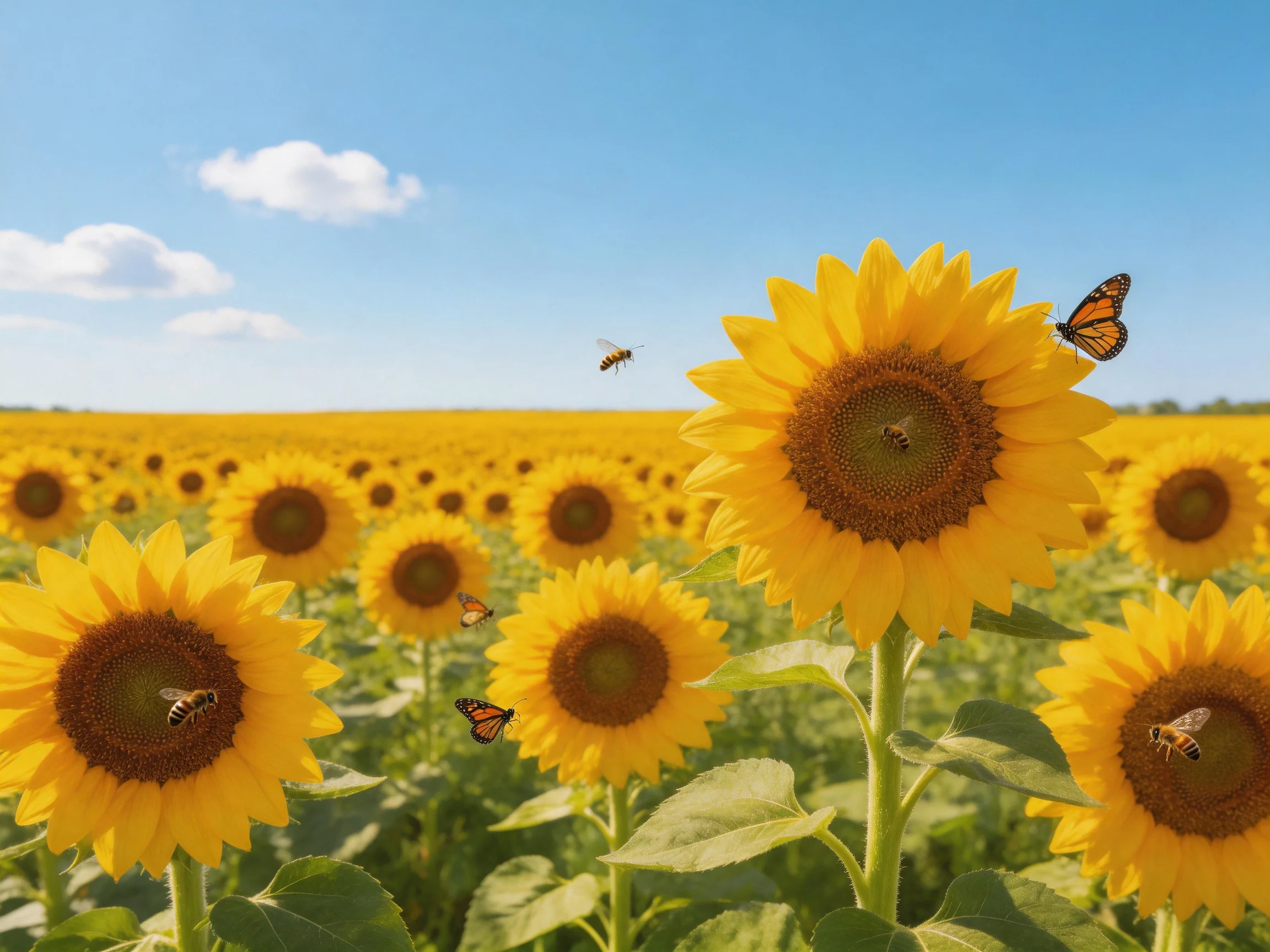 A vast sunflower field with bees and butterflies under bright blue sky