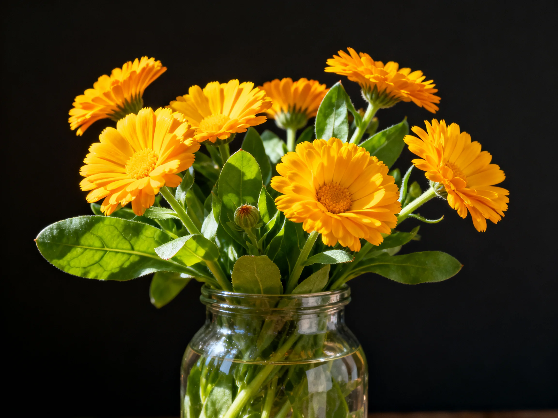 A vibrant arrangement of orange calendula flowers in a clear glass jar