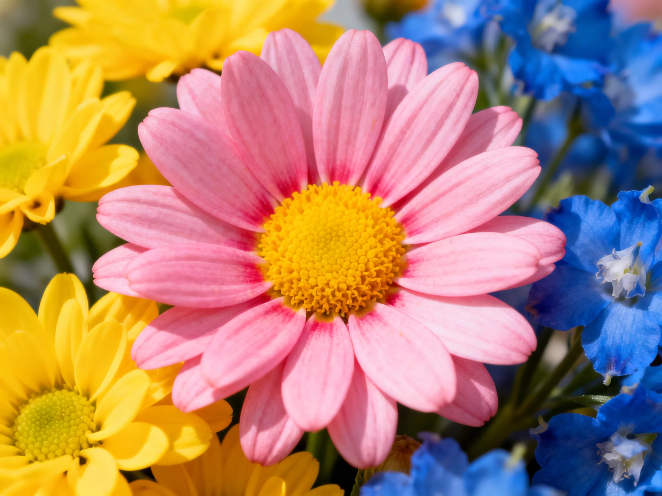 A vibrant arrangement of pink, yellow, and blue flowers