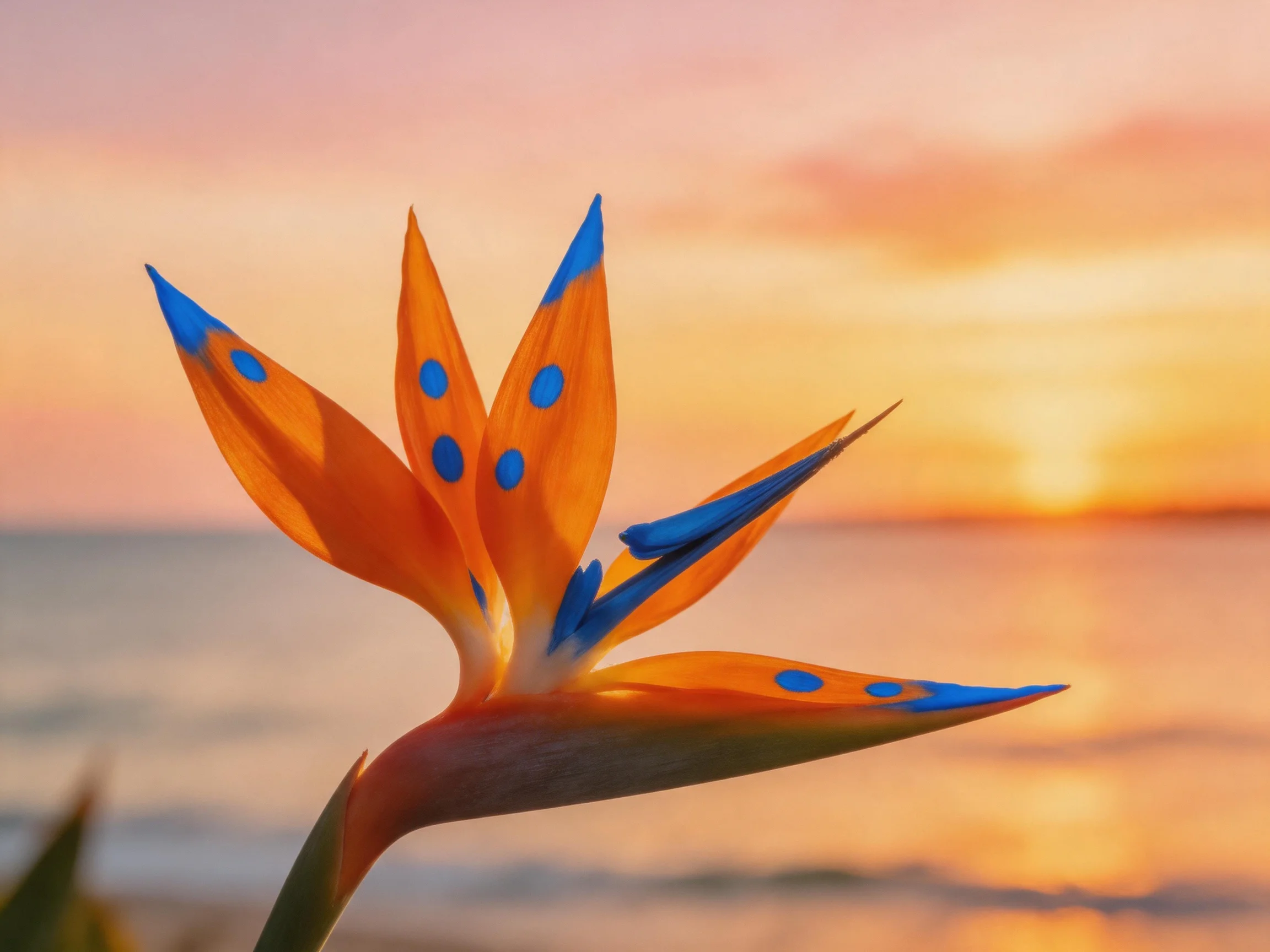 A vibrant bird of paradise flower against a golden sunset seascape