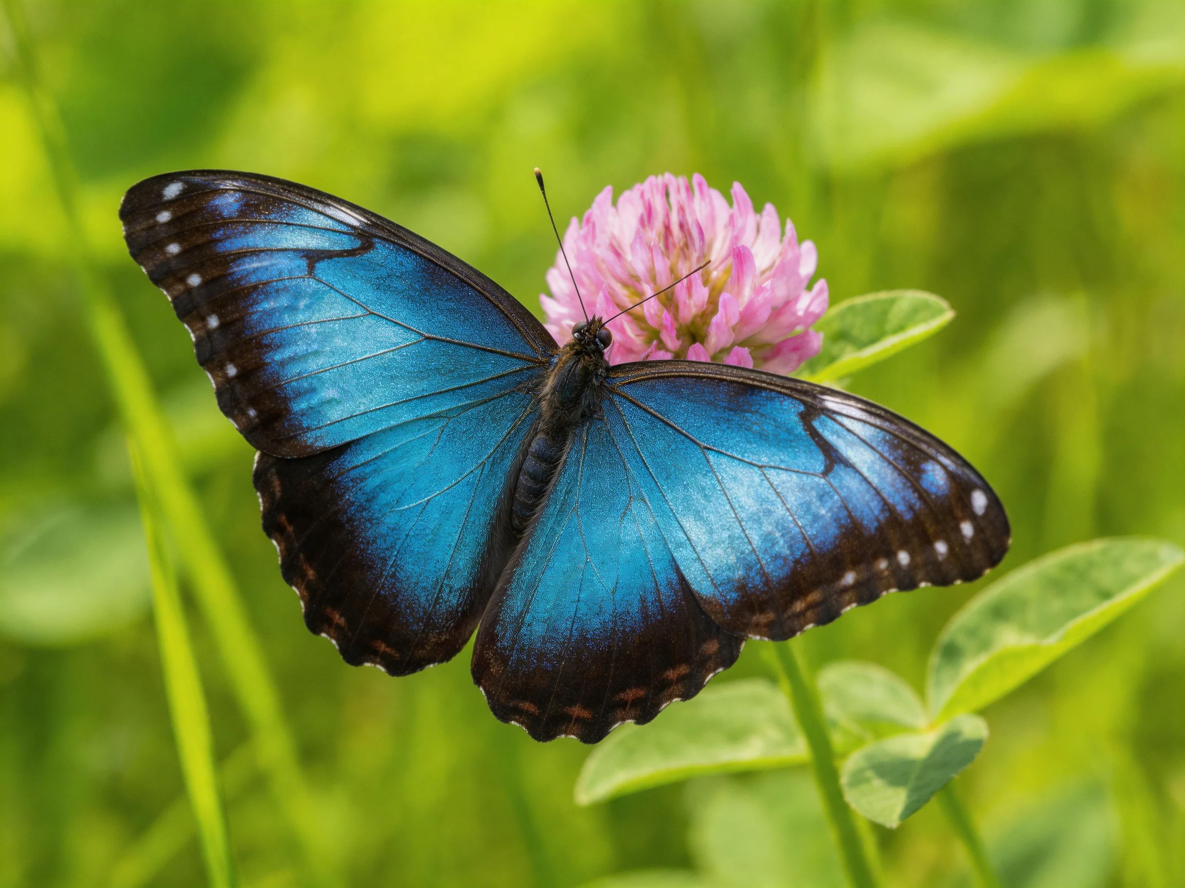 A vibrant blue butterfly perched on a pink clover blossom