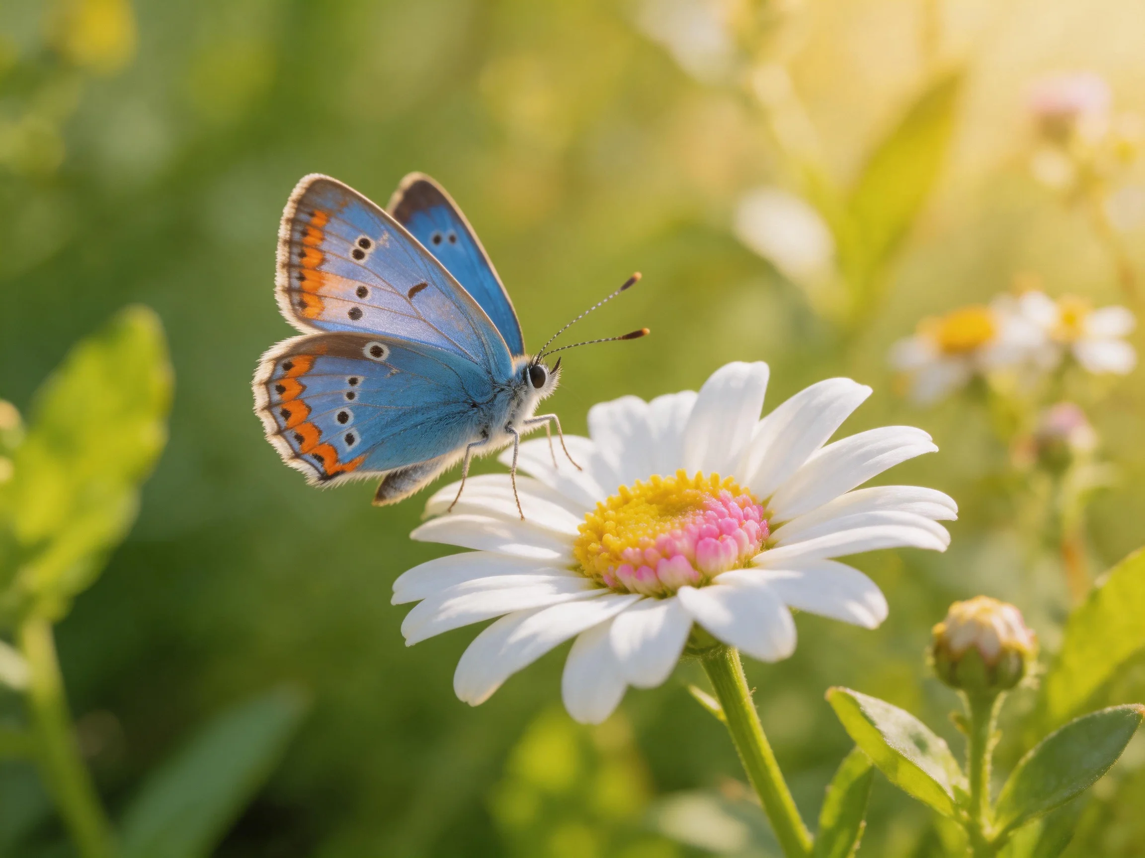 A vibrant blue butterfly perched on a white daisy with pink and yellow center