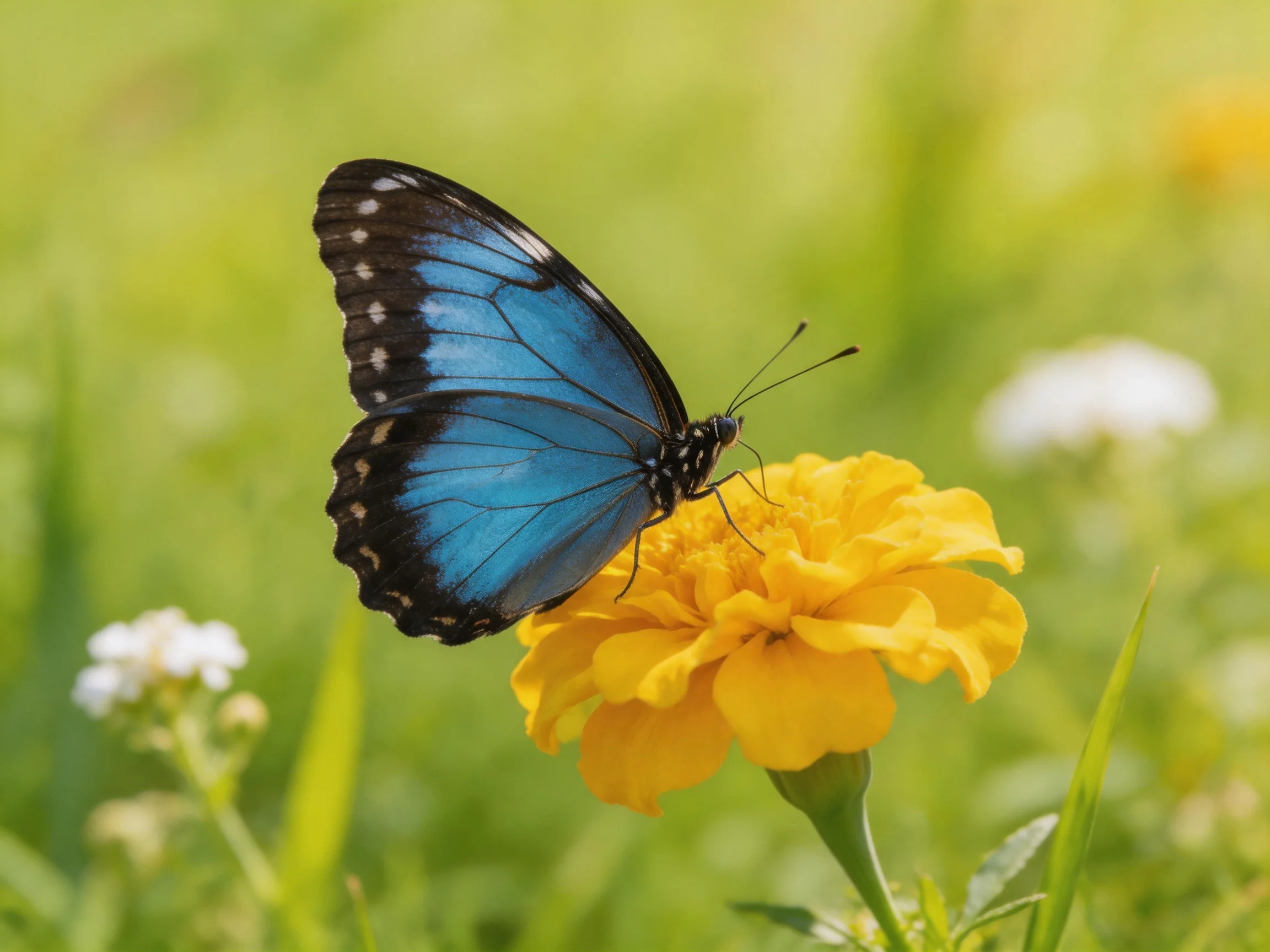 A vibrant blue butterfly perches on a bright yellow marigold