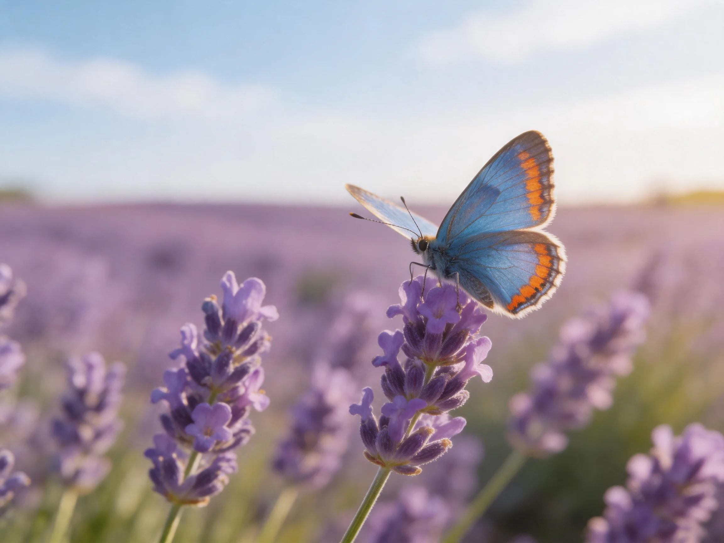 A vibrant blue butterfly perches on purple lavender blooms in a sunlit field