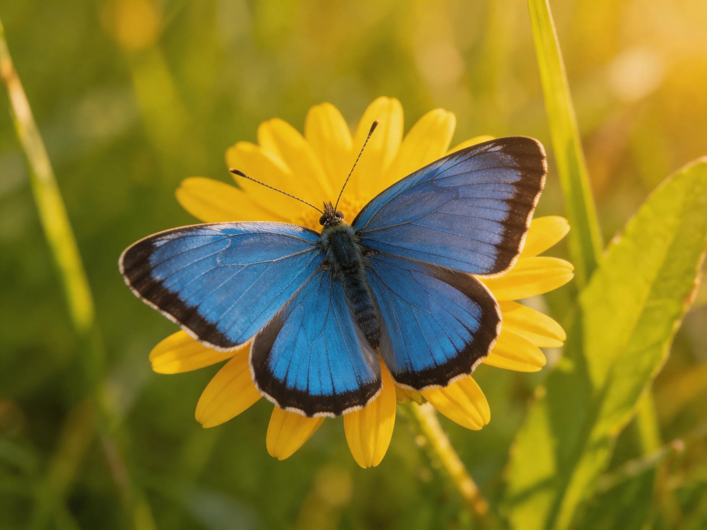 A vibrant blue butterfly rests on a bright yellow flower