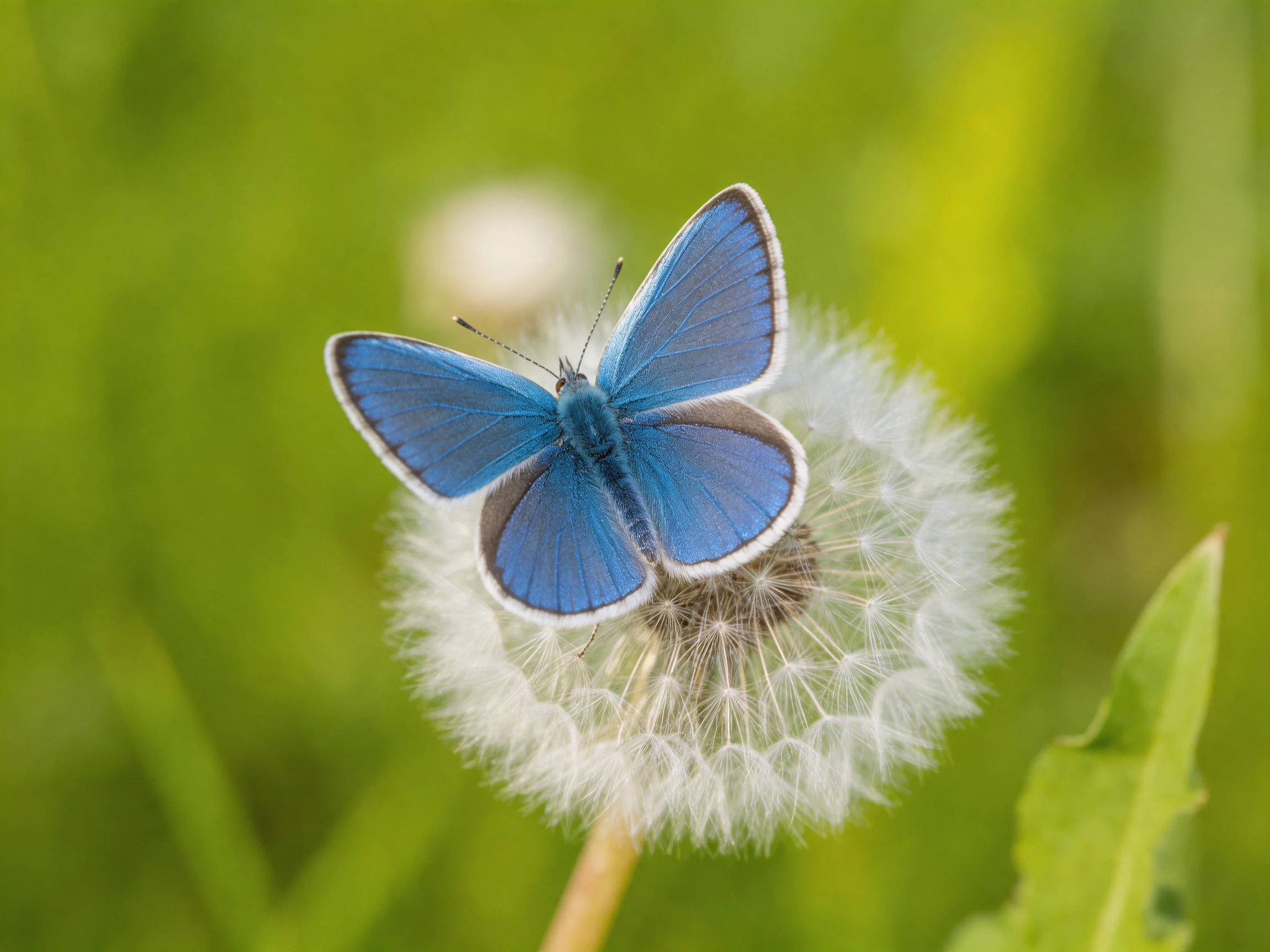 A vibrant blue butterfly rests on a fluffy white dandelion