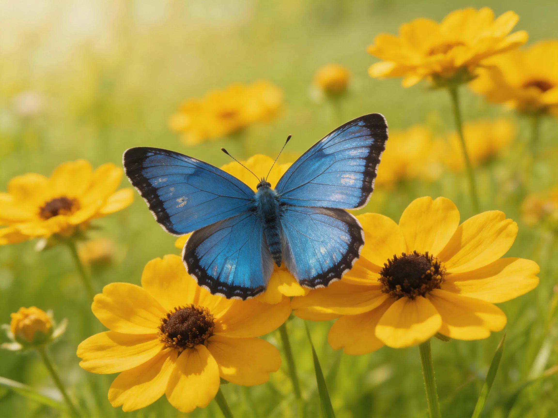 A blue butterfly perches among yellow wildflowers in a sunlit meadow.