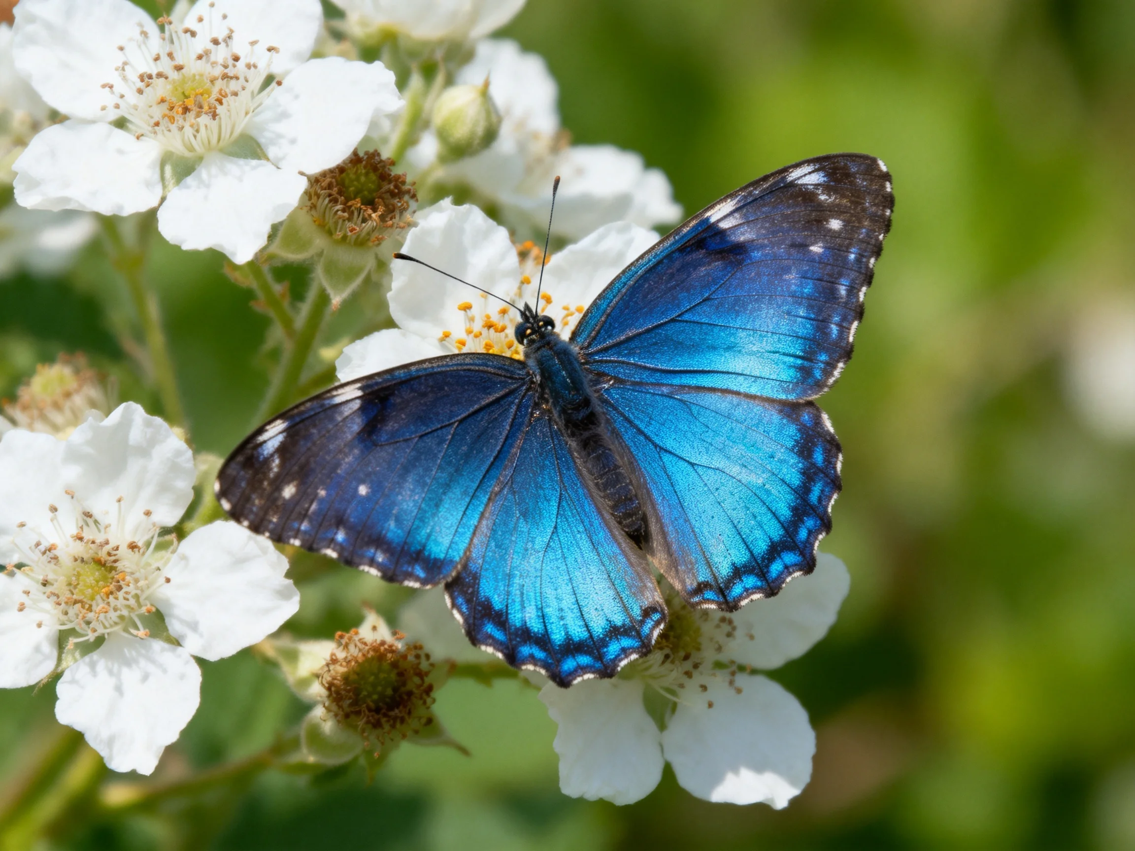 A vibrant blue butterfly rests on delicate white blooms