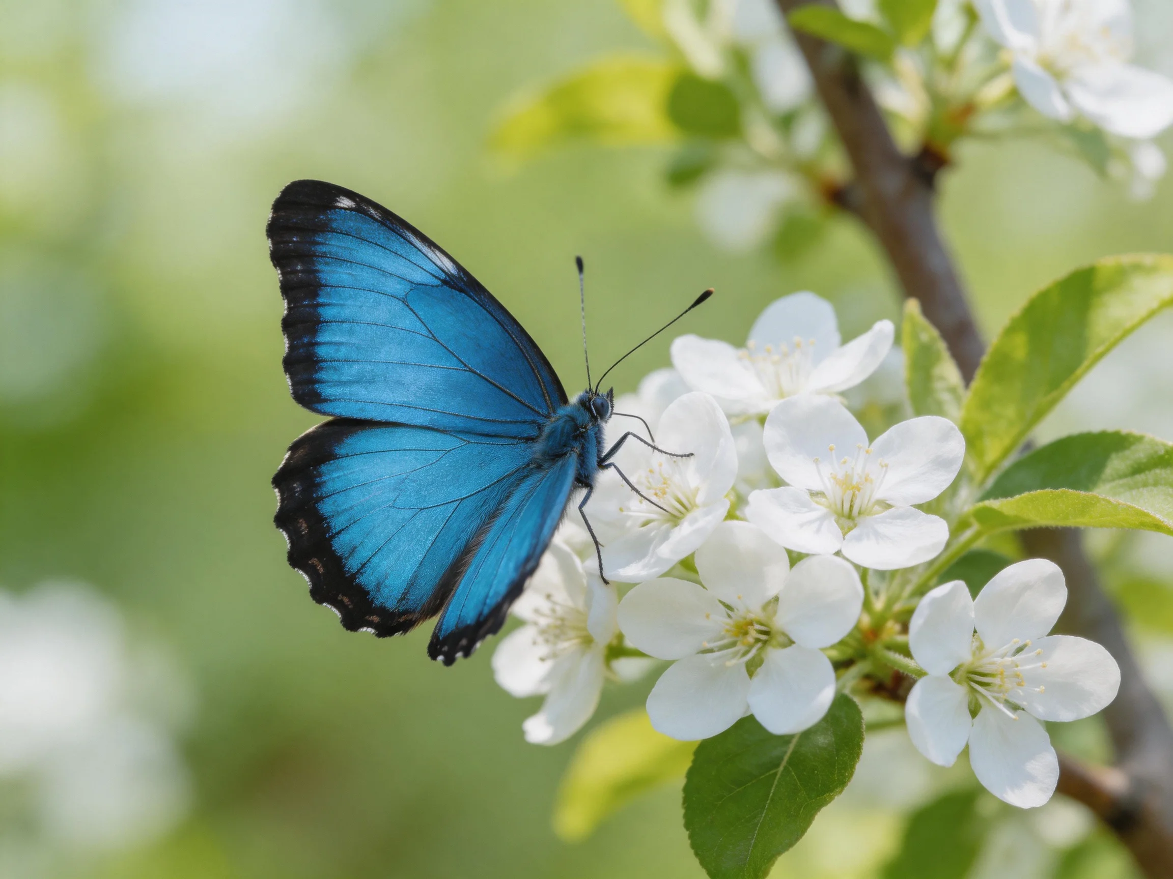 A vibrant blue butterfly rests on delicate white blossoms