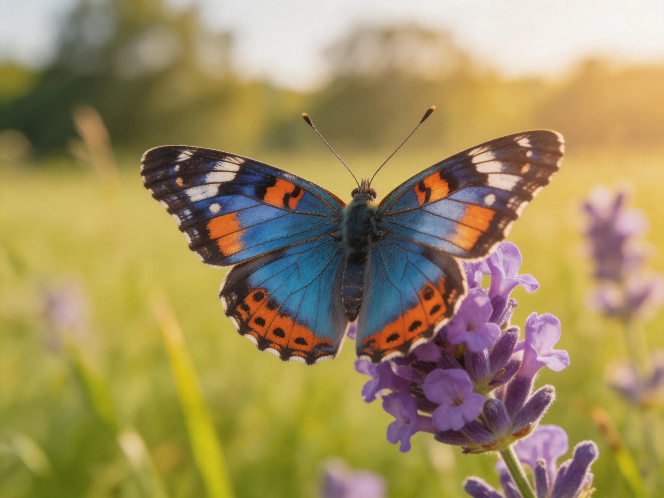 A vibrant blue butterfly with orange markings rests on purple lavender in a sunlit meadow
