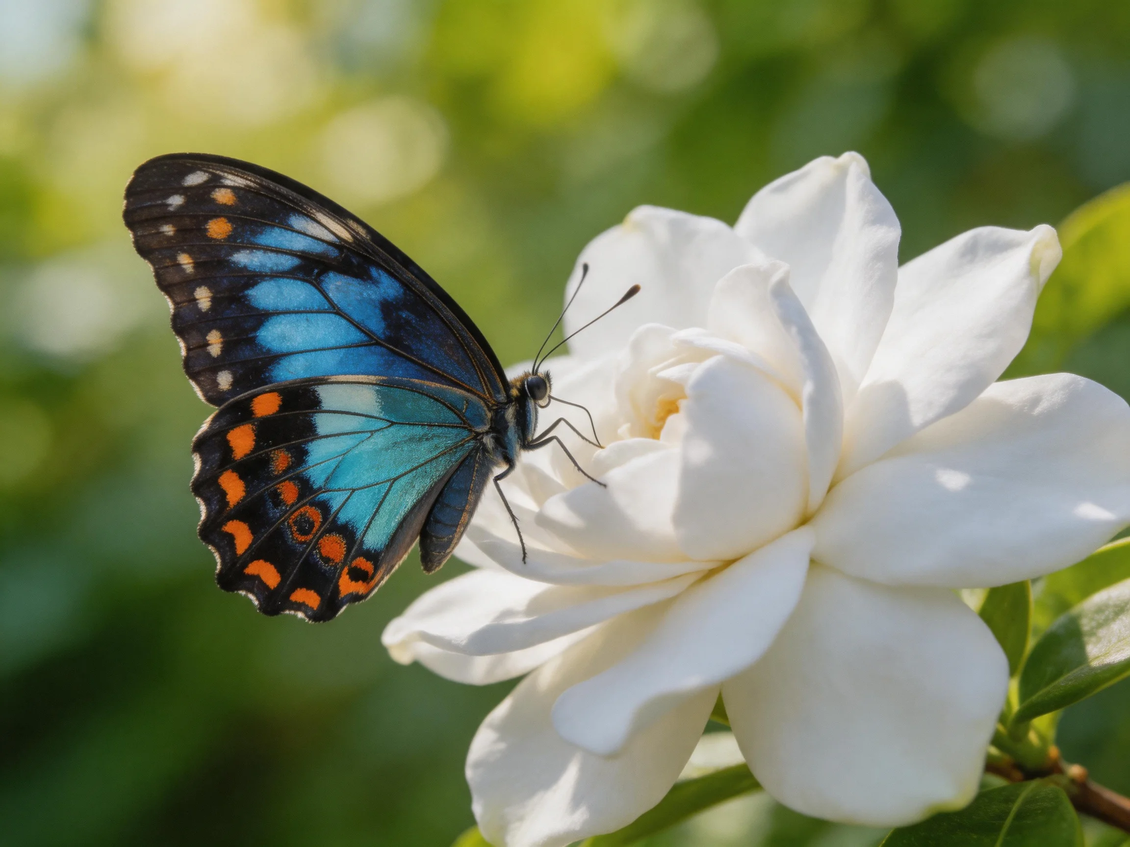 A vibrant blue butterfly with orange spots perches on a large white flower