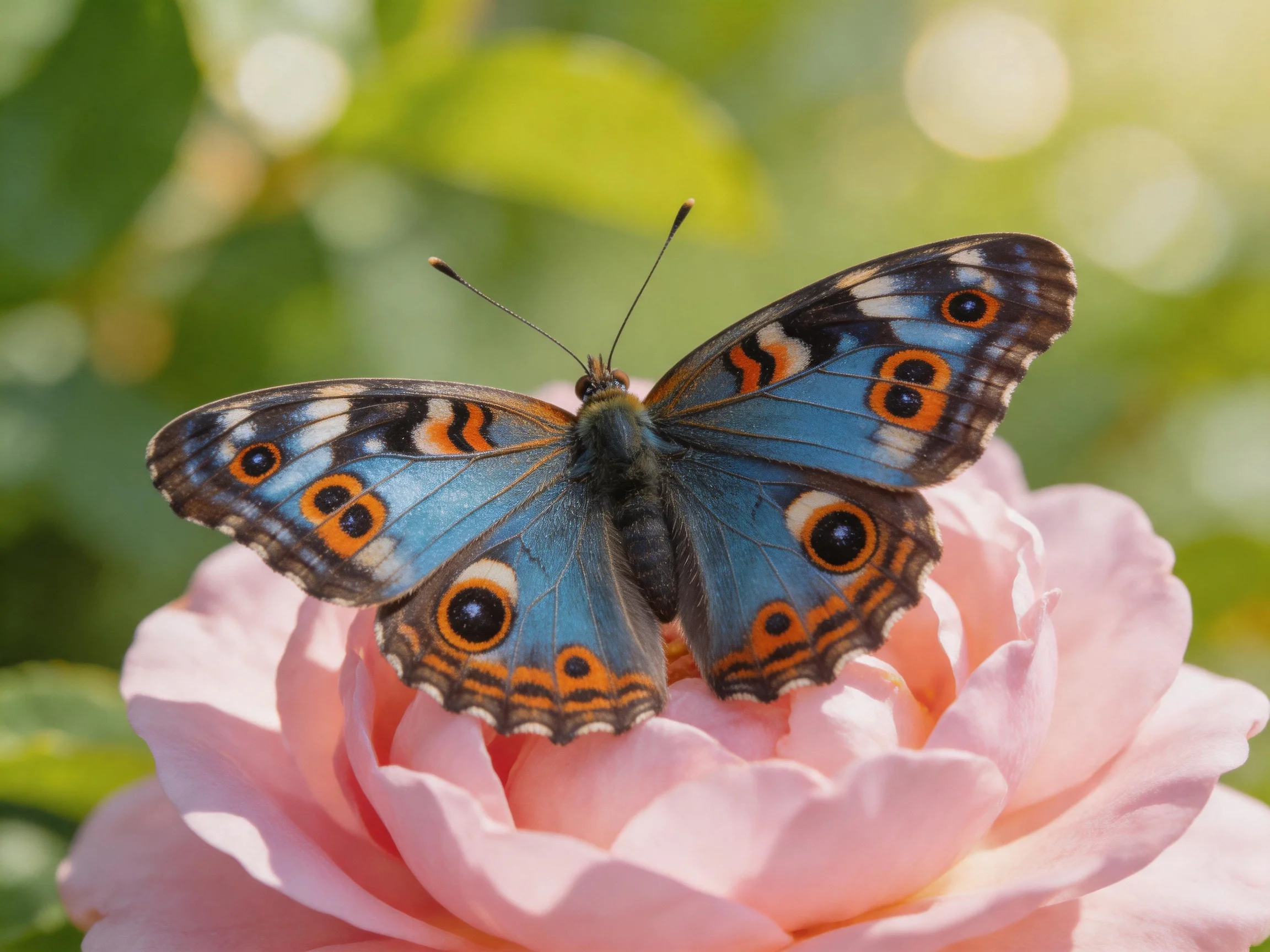 A vibrant blue butterfly with orange spots sits atop a soft pink rose.