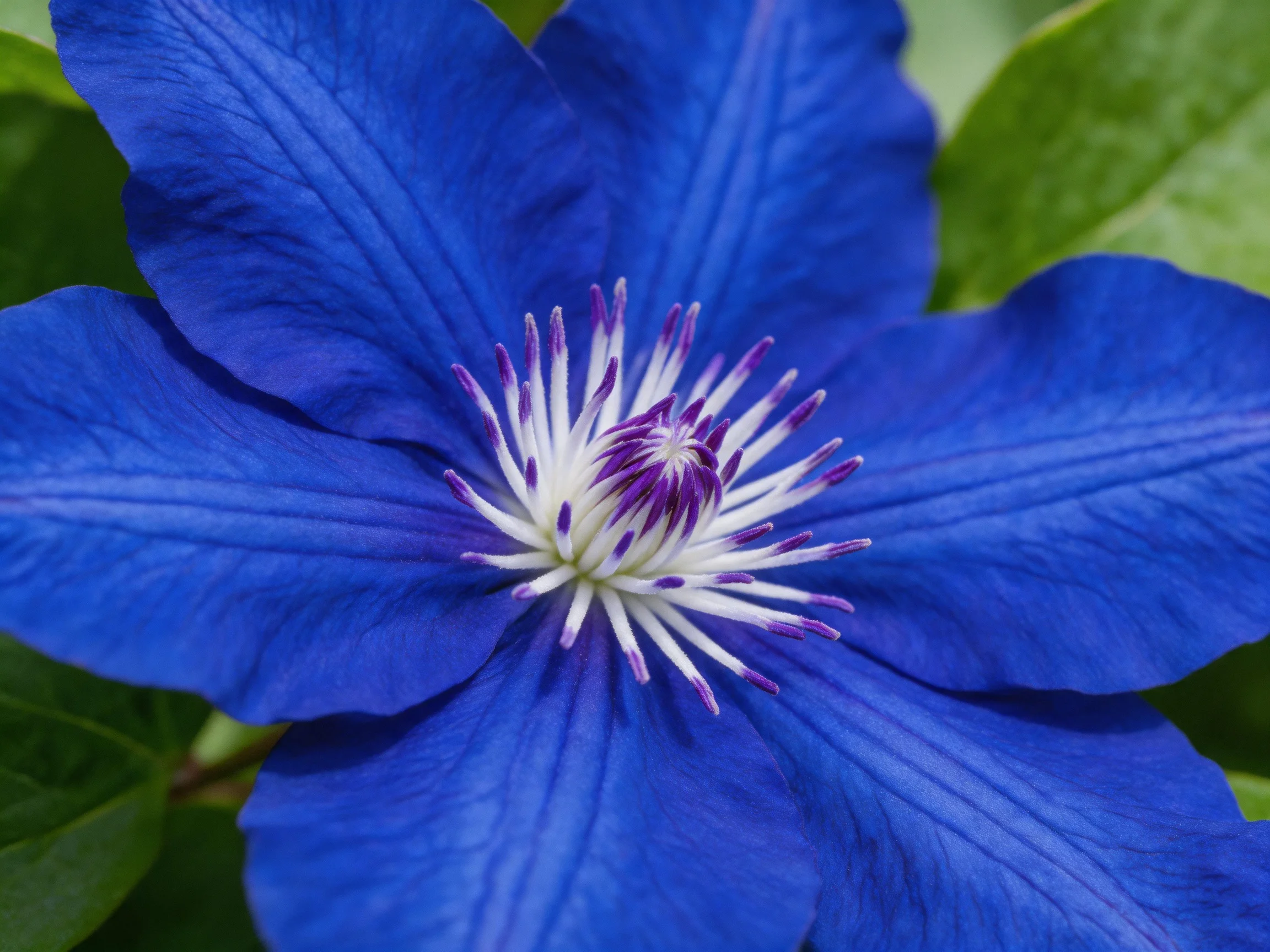 A vibrant blue clematis flower with purple and white stamens