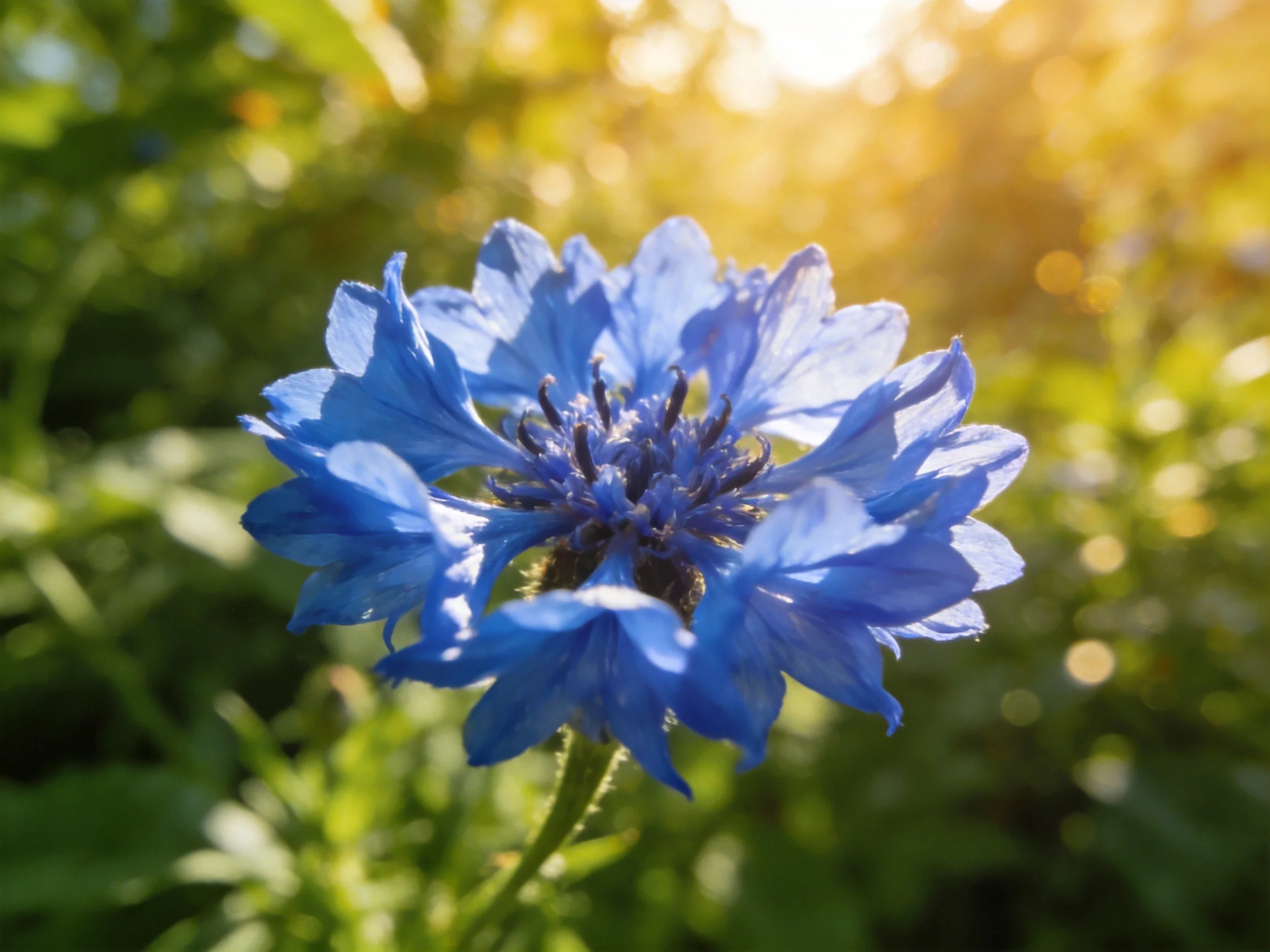 A vibrant blue cornflower blooms amid lush green foliage