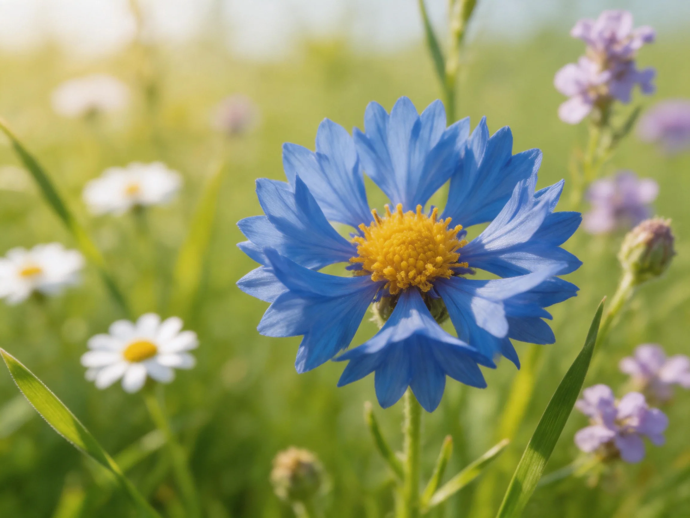 A vibrant blue cornflower blooms amid white, purple wildflowers ina sunlit meadow