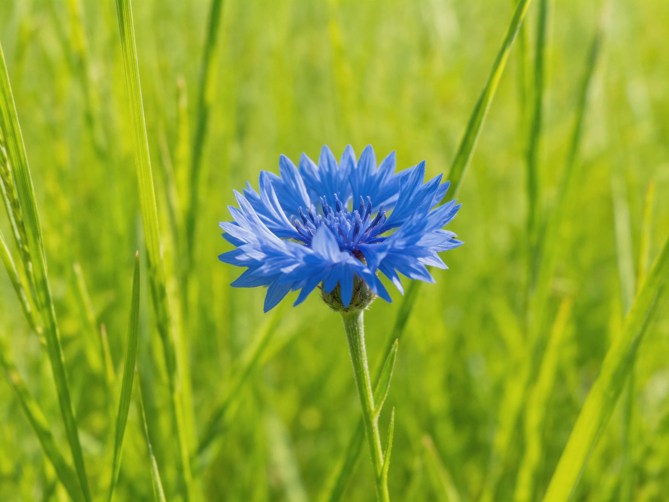 A vibrant blue cornflower blooms amidst tall green grasses