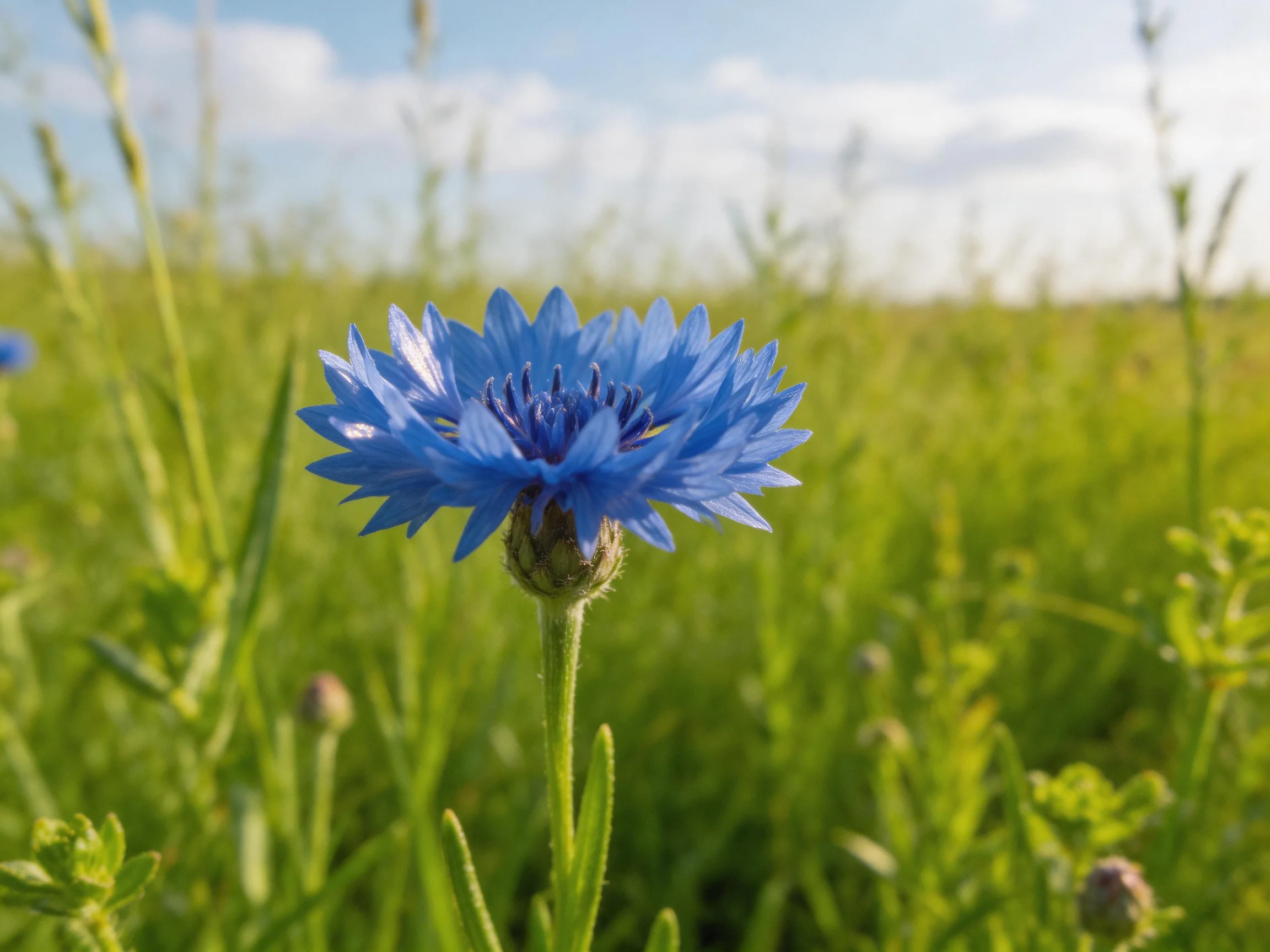 A vibrant blue cornflower blooms in a lush green meadow