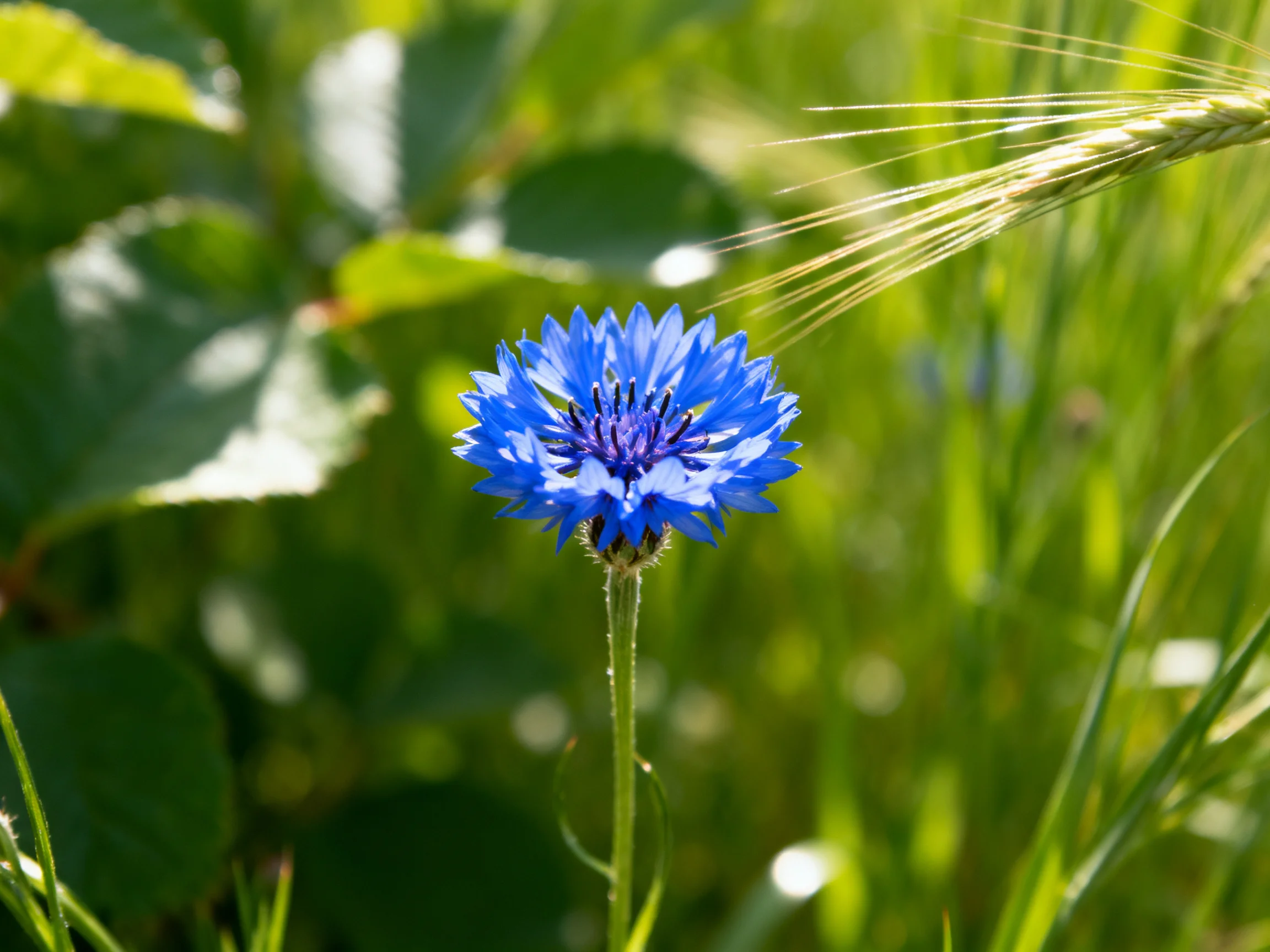 A vibrant blue cornflower stands among lush green foliage and wheat stalks
