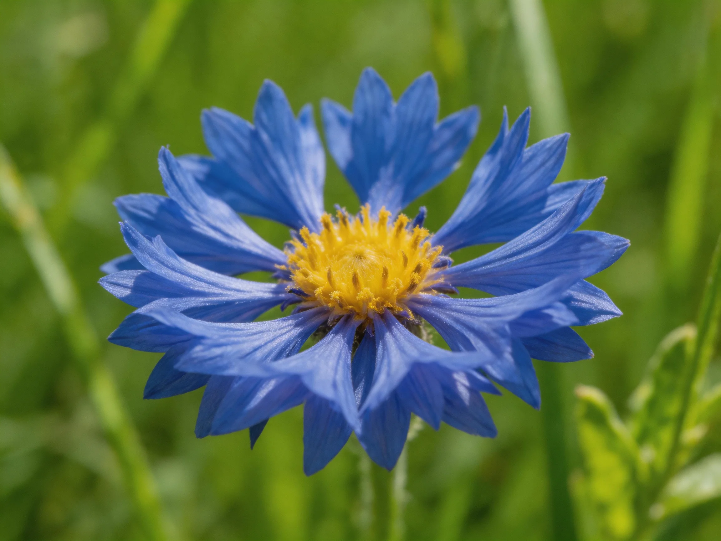 A vibrant blue cornflower with a bright yellow center