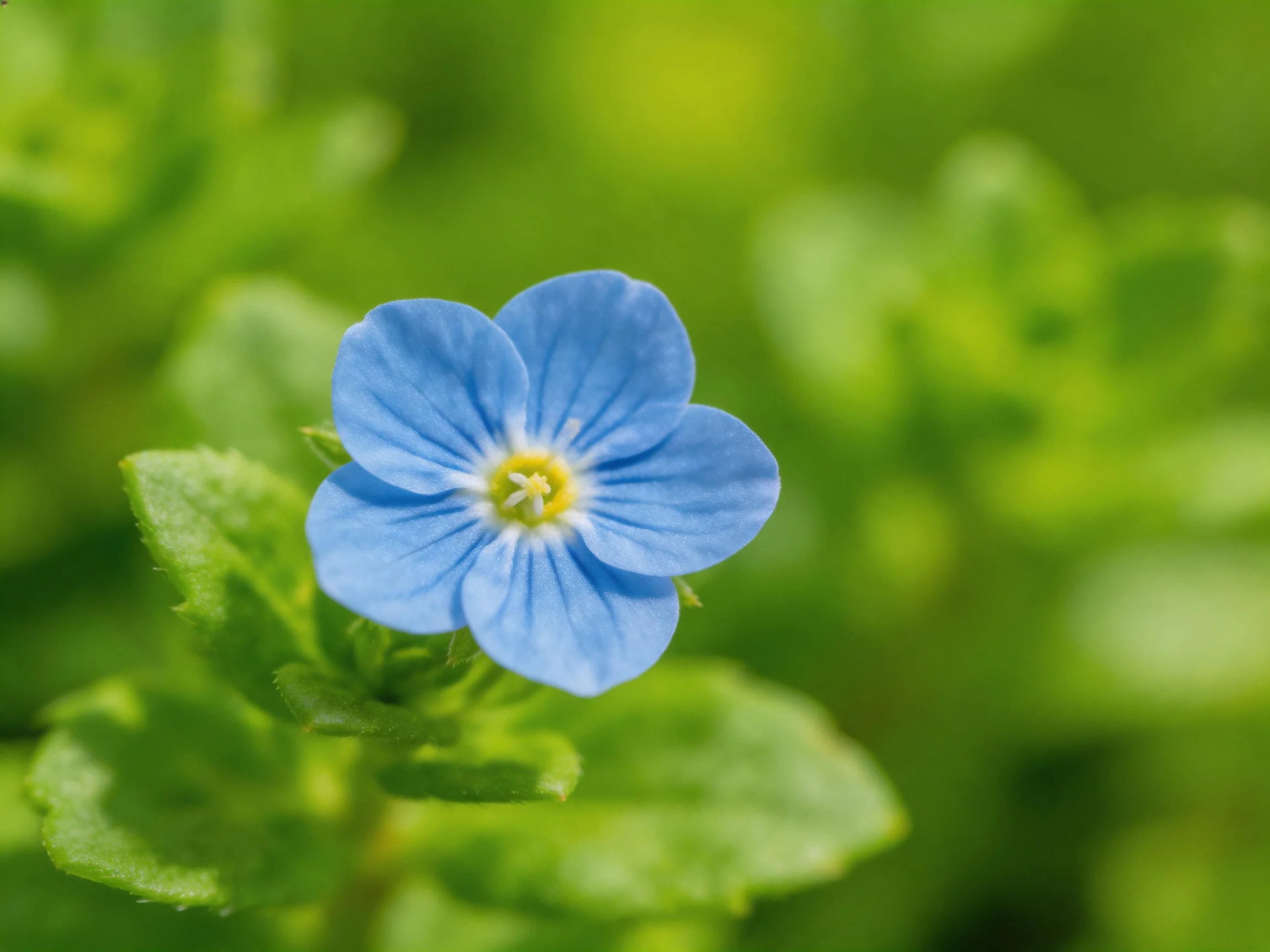 A vibrant blue flower blooms amid lush green foliage