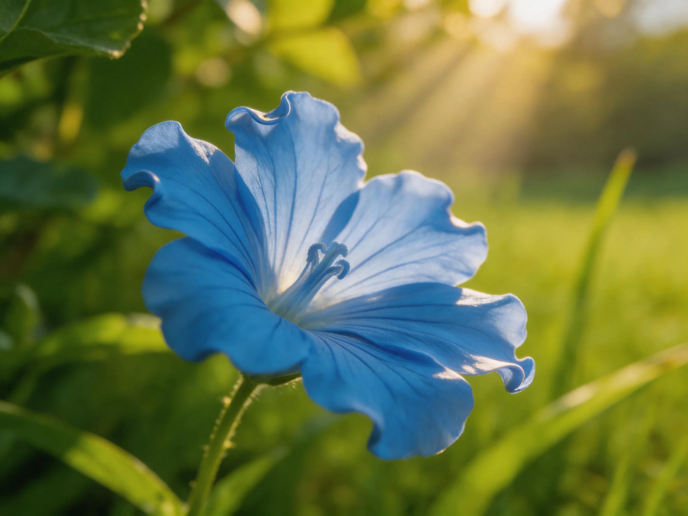 A vibrant blue flower blooms amid lush greenery with golden sunlight