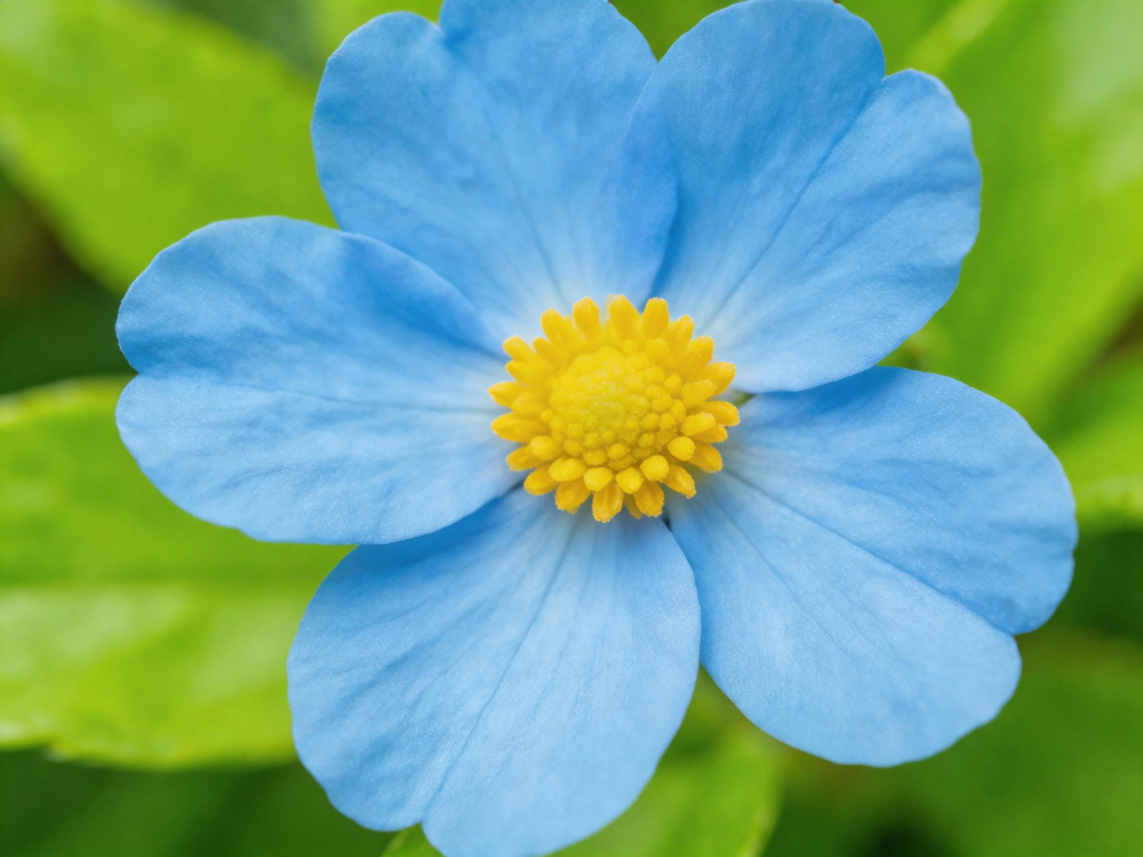 A vibrant blue flower with a bright yellow center surrounded by green foliage