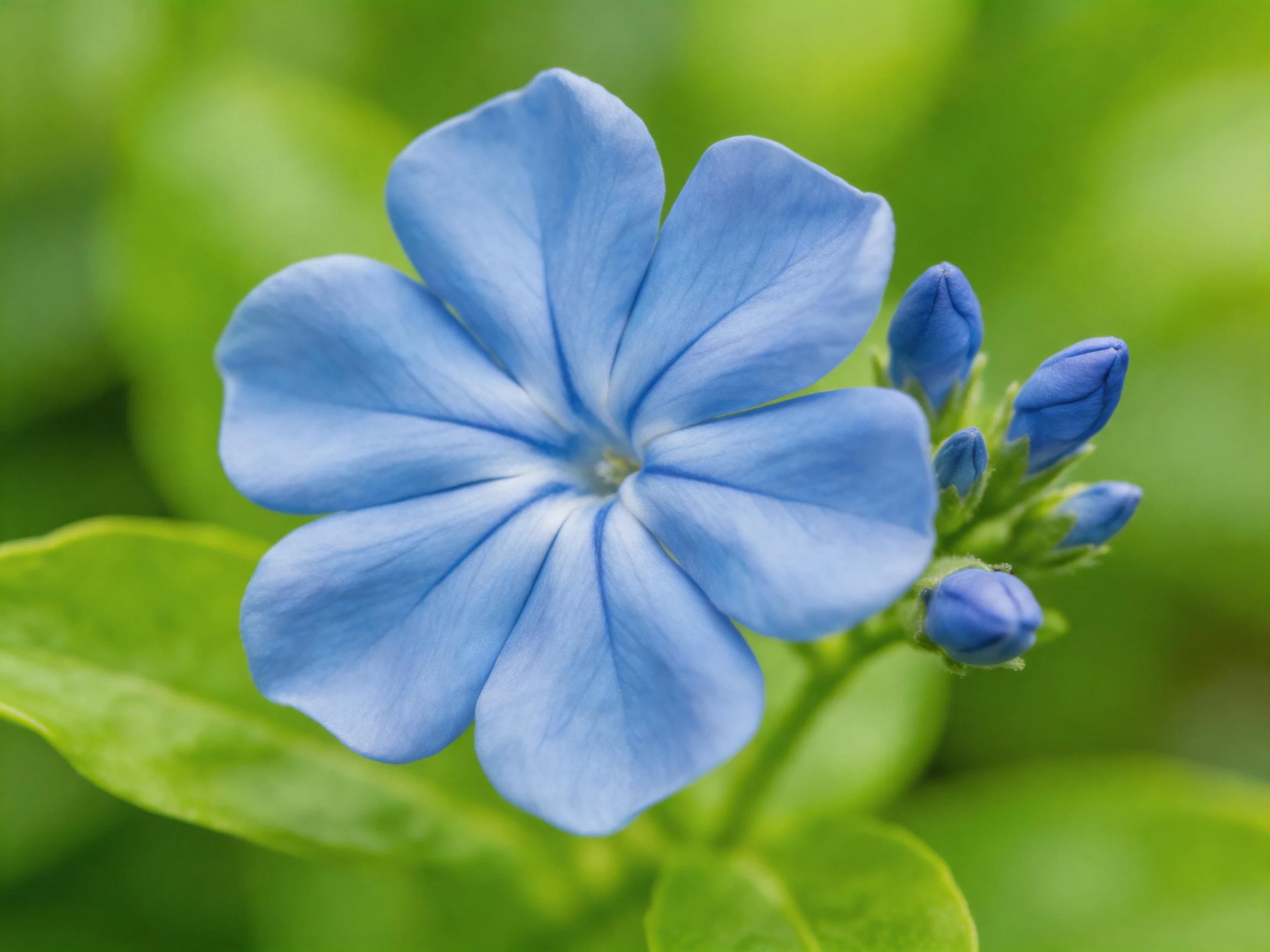 A vibrant blue flower with blue buds near bright green leaves