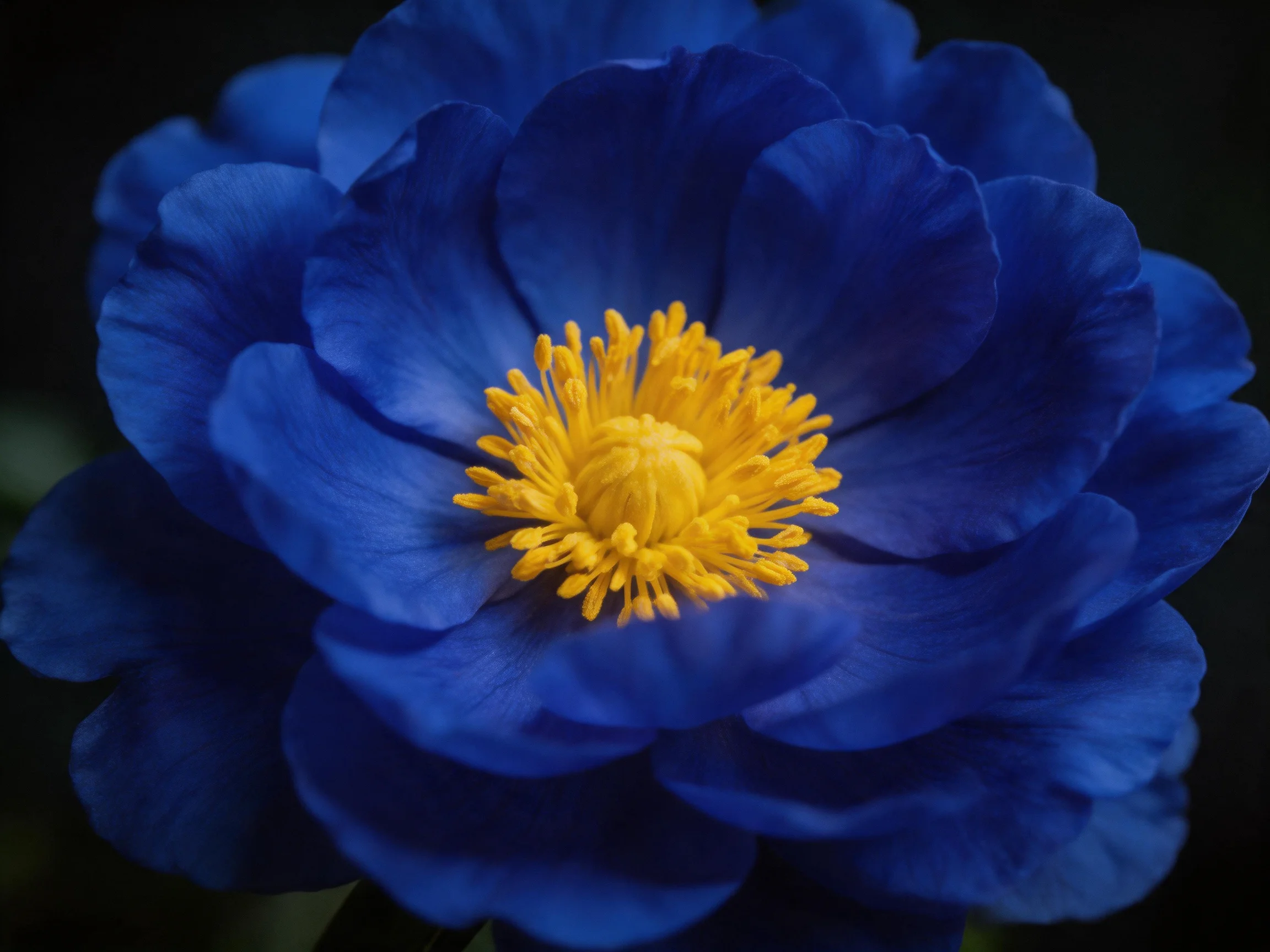 A close - up of a blue flower with a bright yellow center.