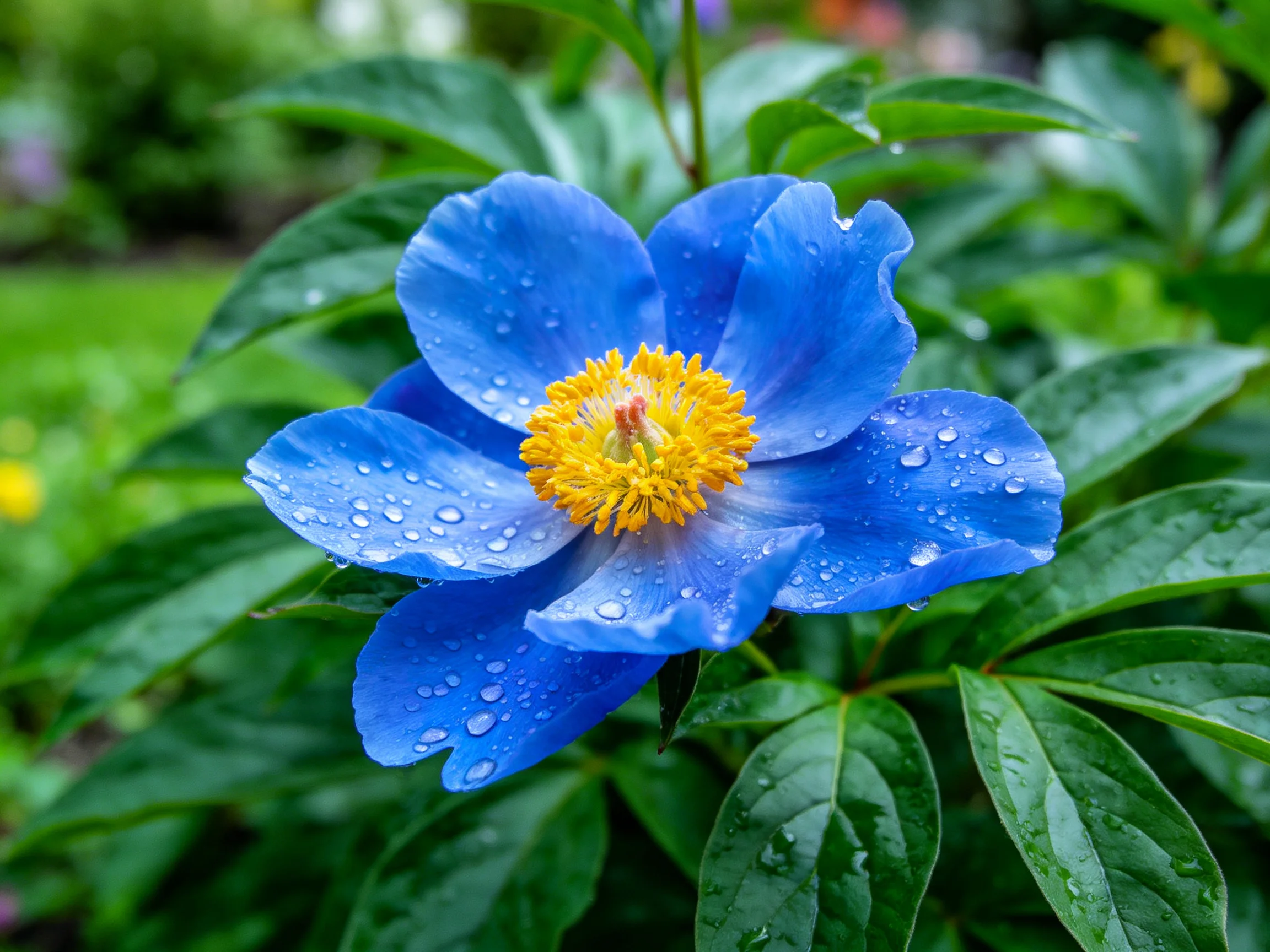 A vibrant blue flower with water droplets amid lush green foliage