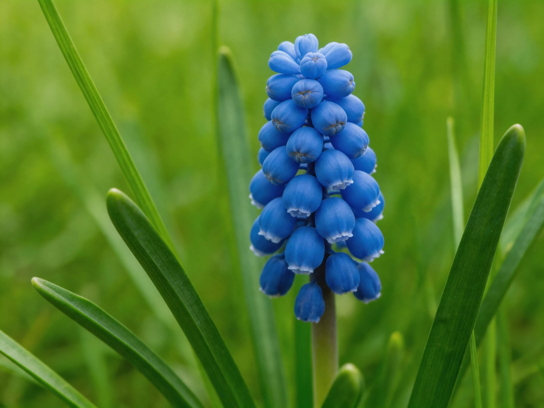 A vibrant blue grape hyacinth blooms among lush green foliage