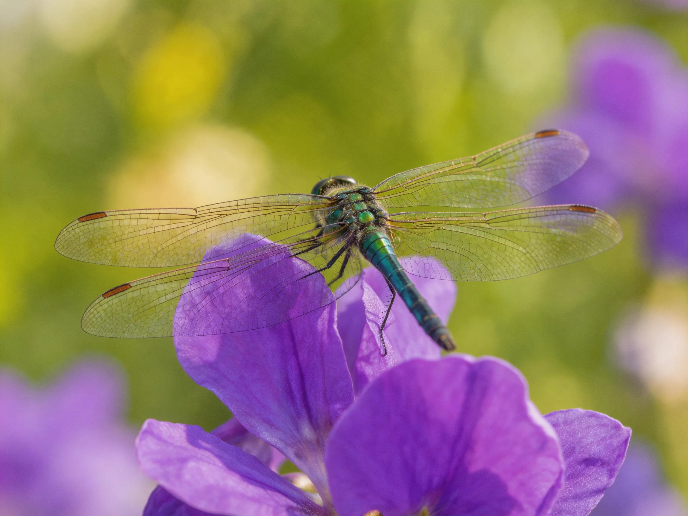 A vibrant blue-green dragonfly rests on a purple flower with translucent wings