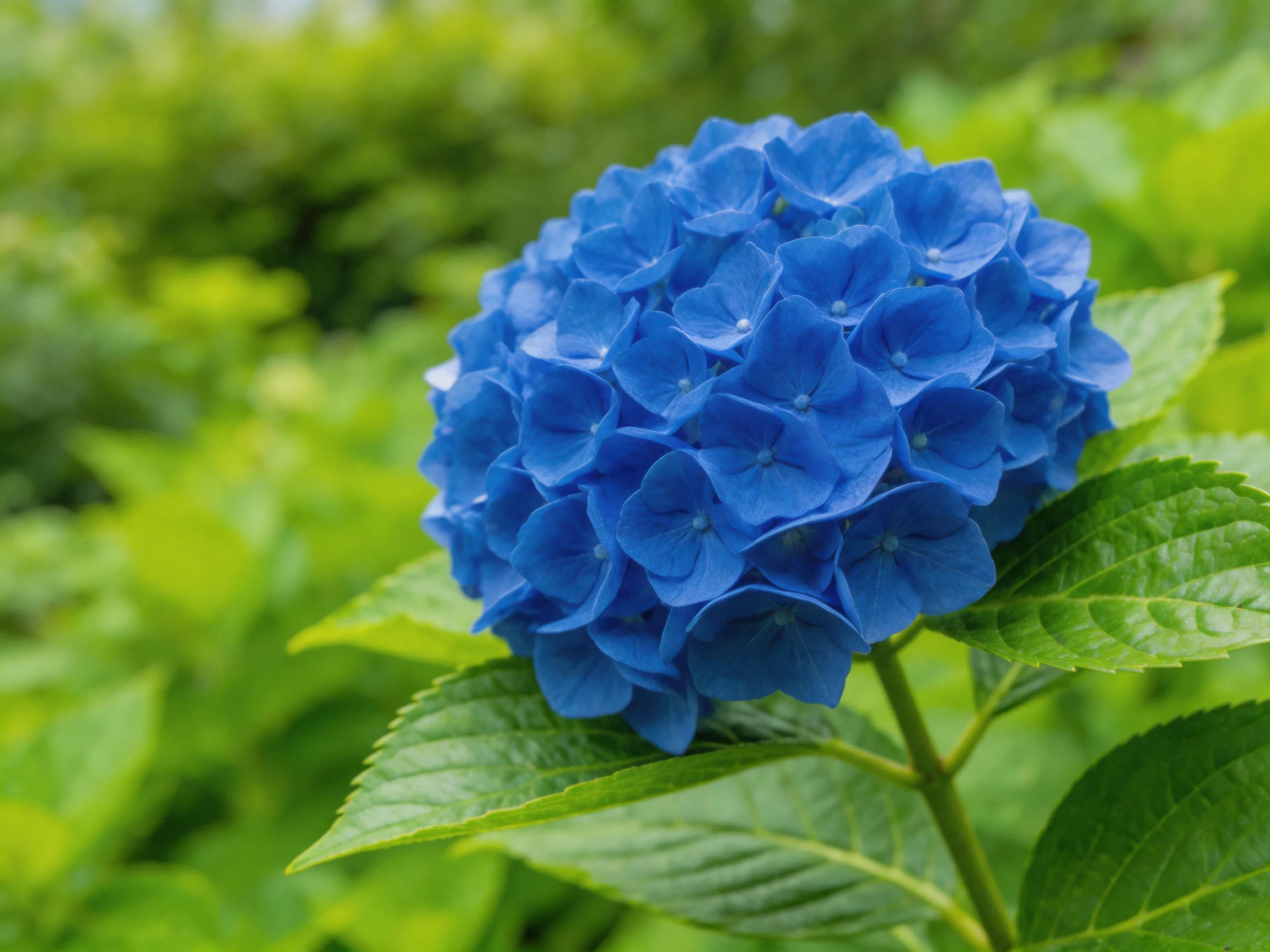A vibrant blue hydrangea cluster surrounded by lush greenery