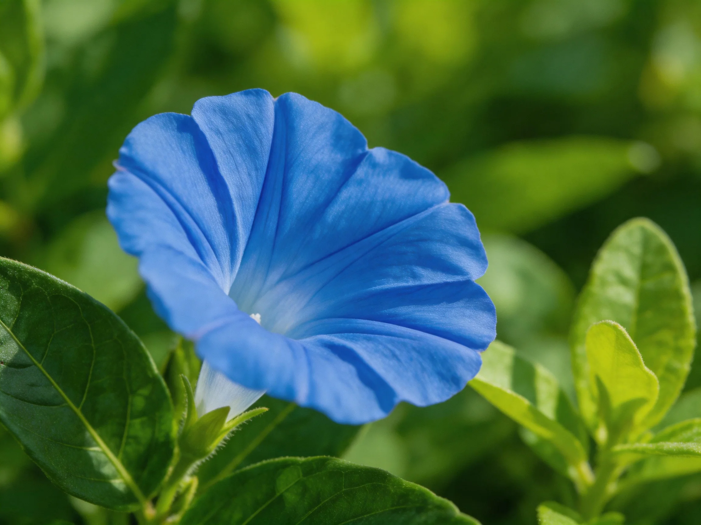A vibrant blue morning glory blooms amid lush green foliage