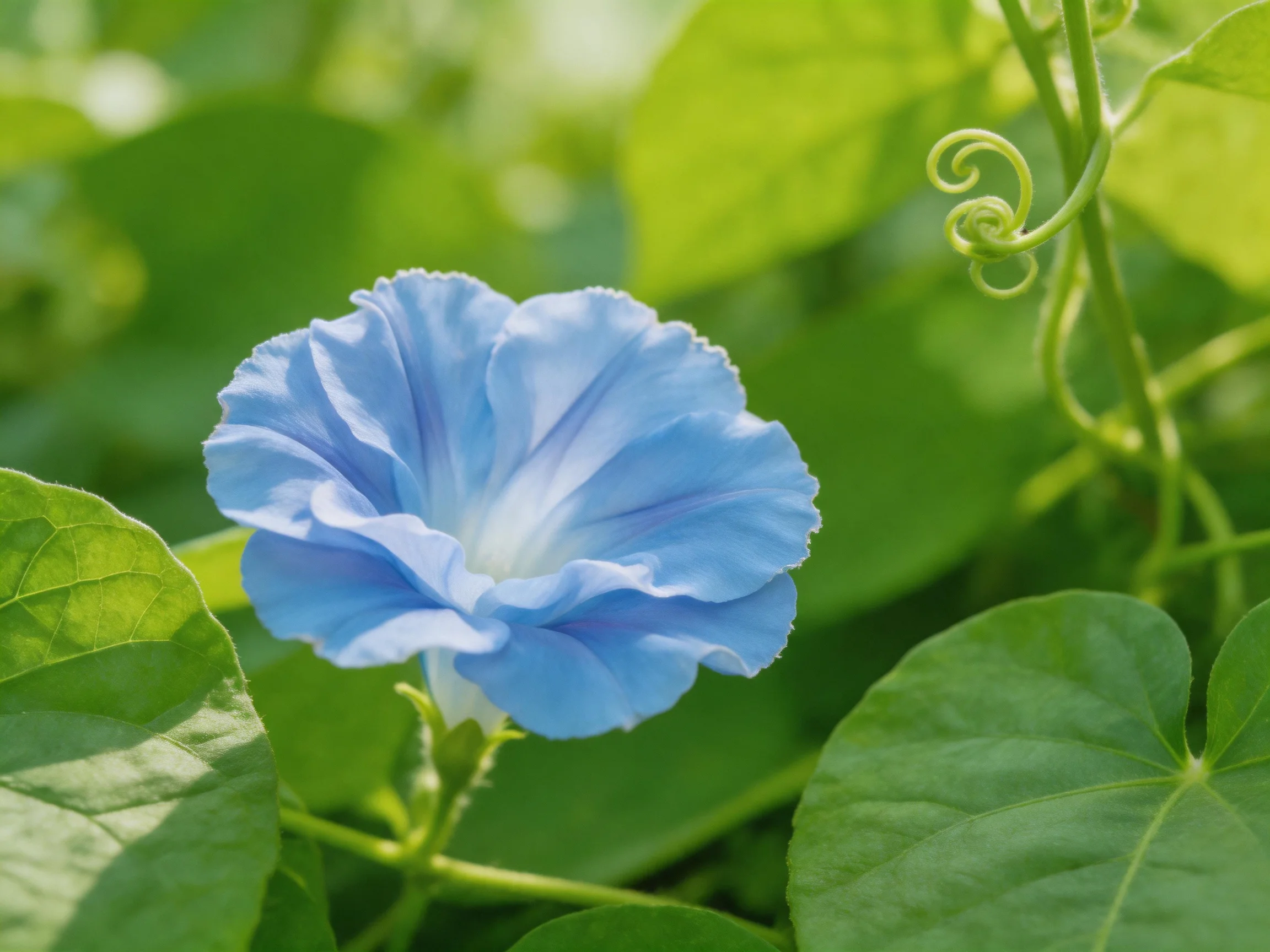 A vibrant blue morning glory blooms amid lush green foliage