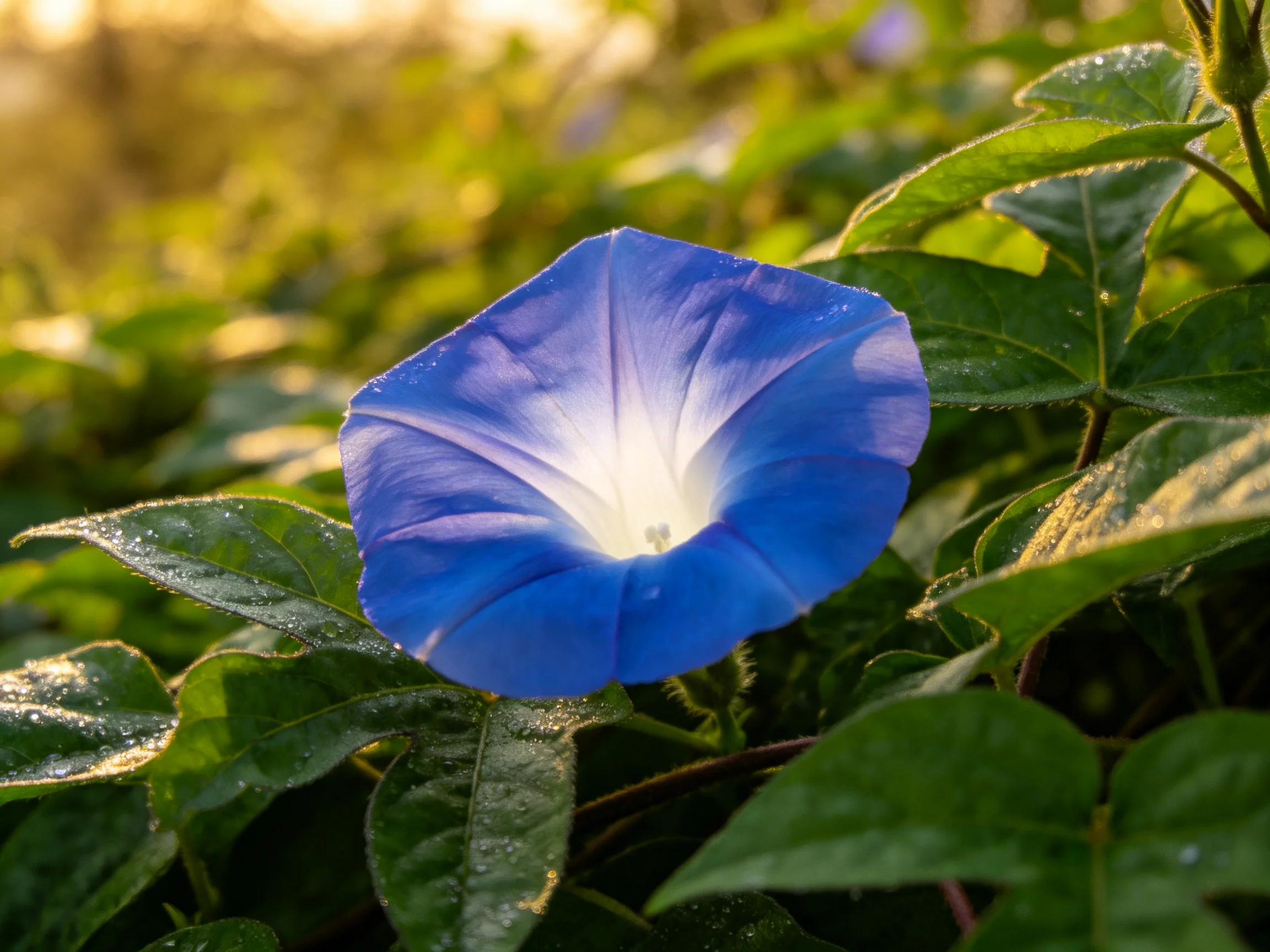A vibrant blue morning glory blooms among lush green foliage