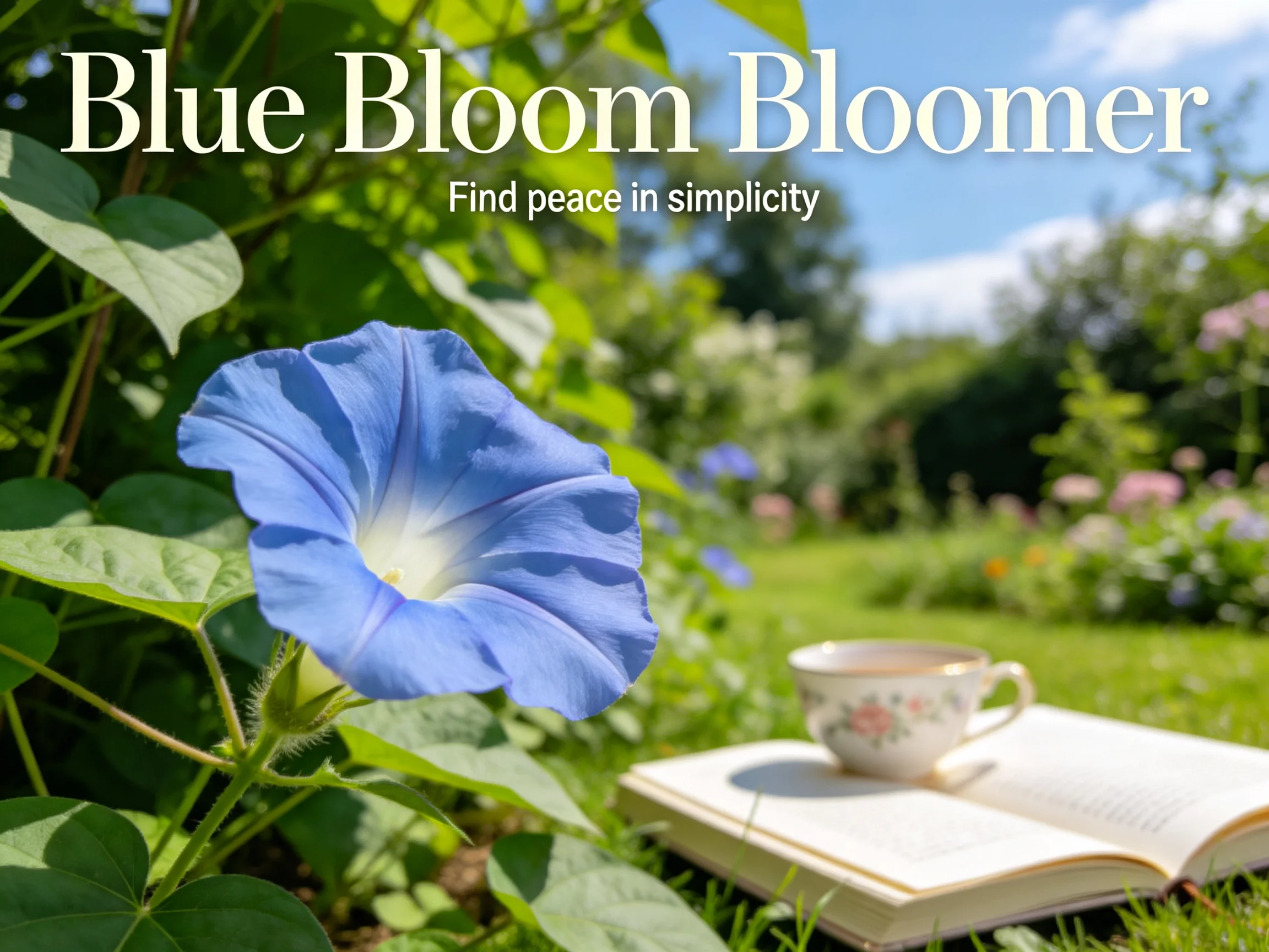 A vibrant blue morning glory near an open book and teacup