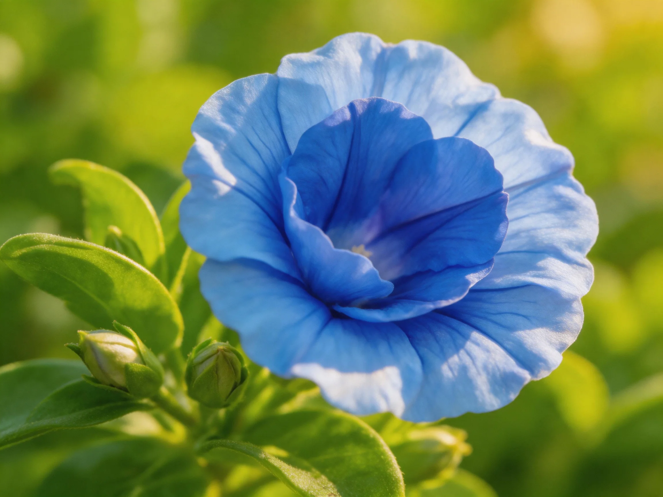A vibrant blue petunia blooms among lush green foliage and buds